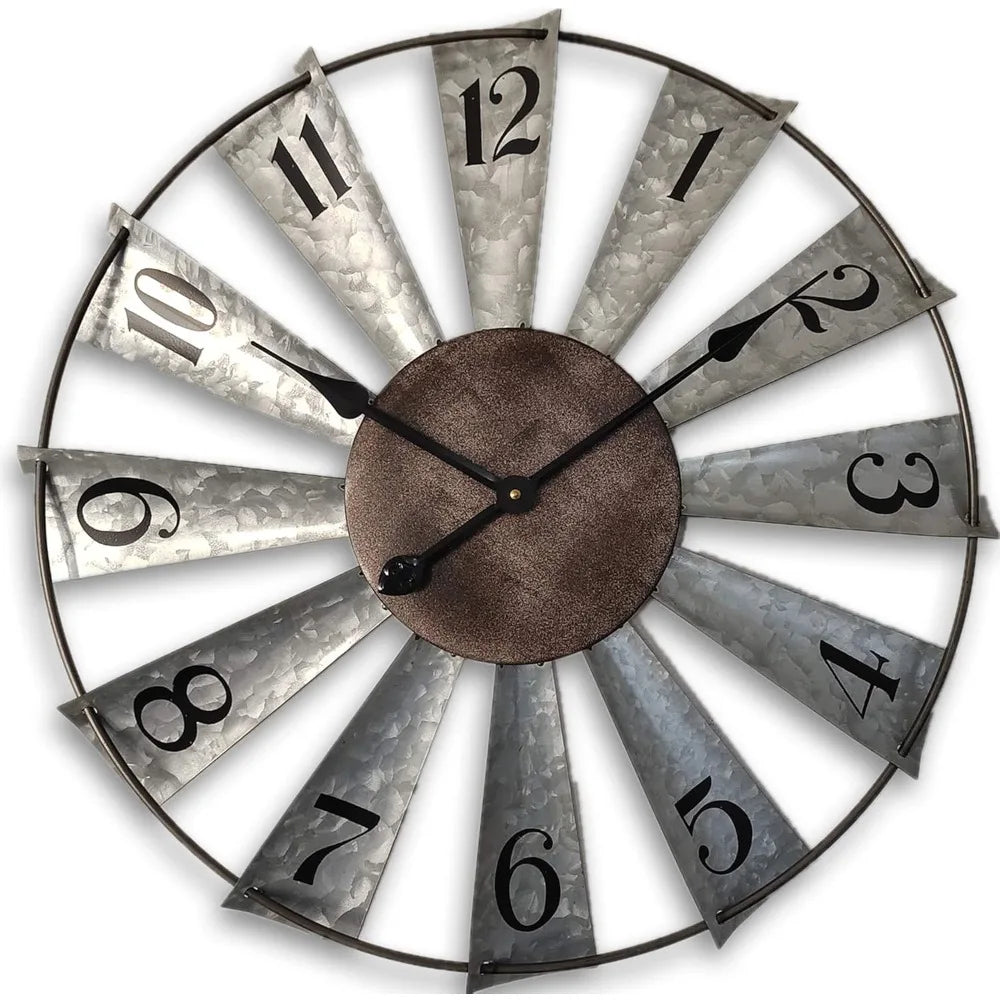 30-inch Windmill Distressed Metal Wall Clock, Rustic, Non-Ticking, Battery