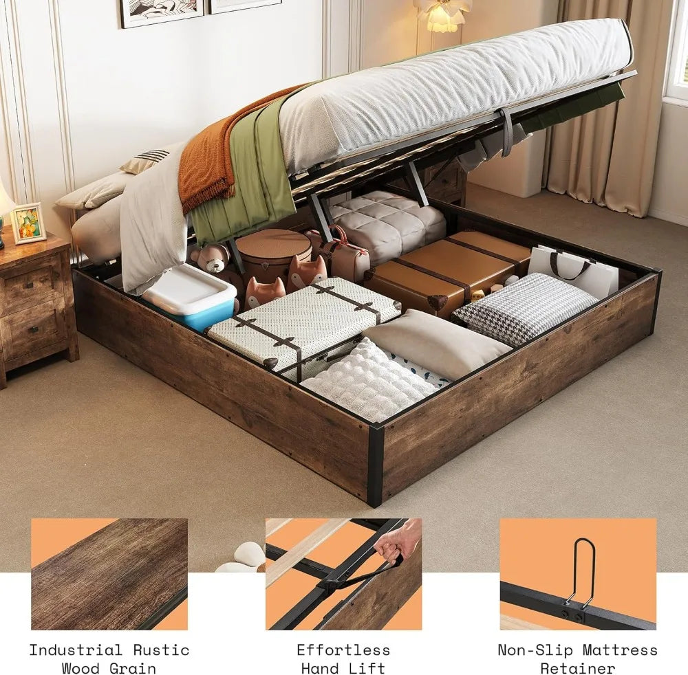 Queen Bed Frame with Lift up Storage, Wooden Platform