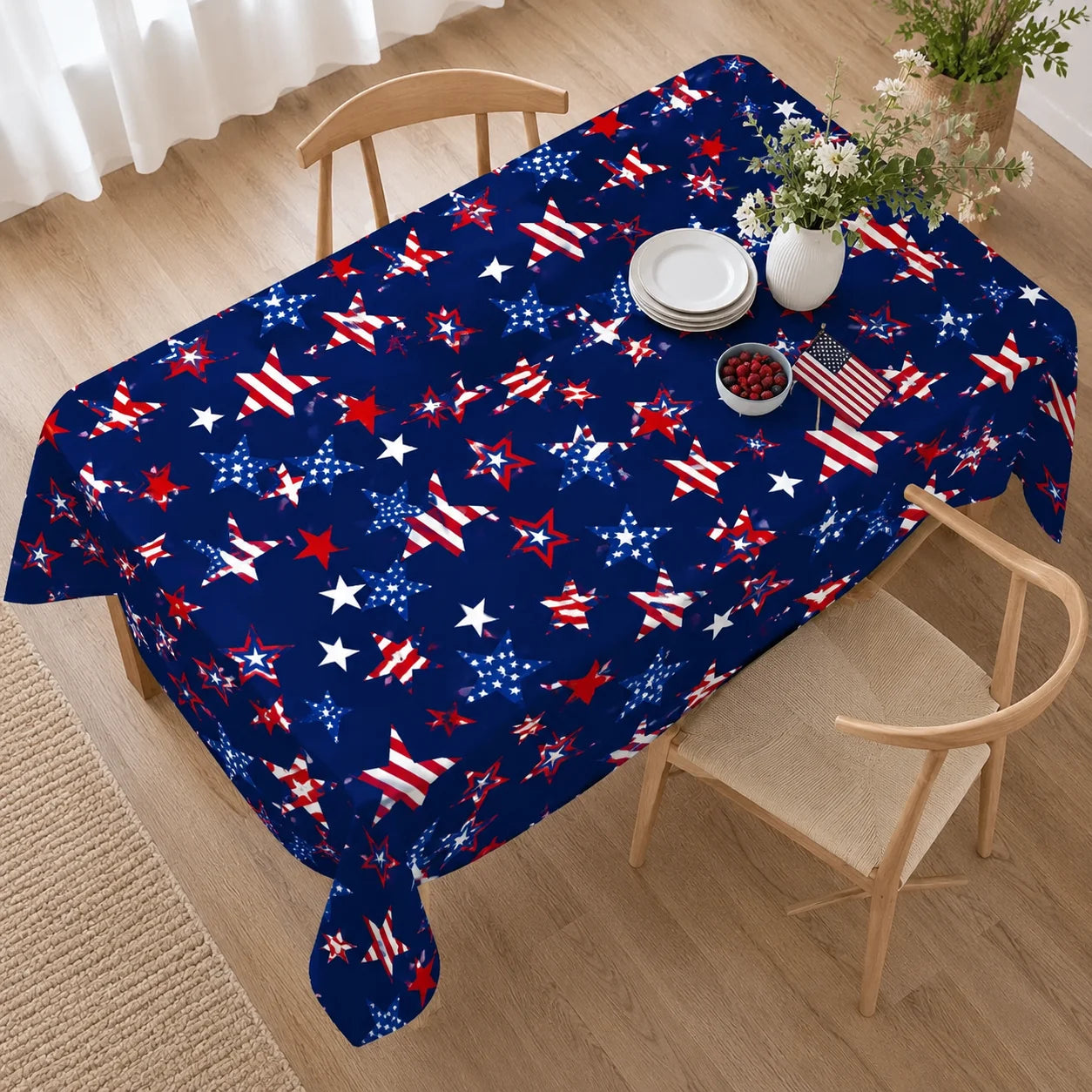 4th of July Patriotic Tablecloth – American Flag Stars Red White & Navy Blue Polyester Table Cover