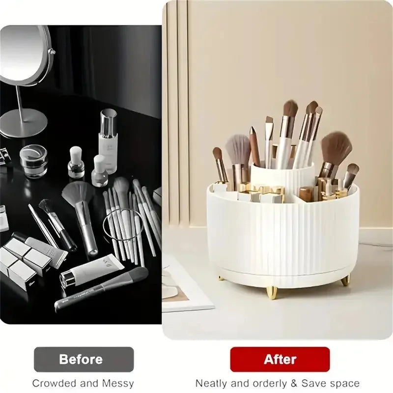 360° Rotating Makeup Organizer with 5 Compartments - Multi-Functional Holder for Brushes