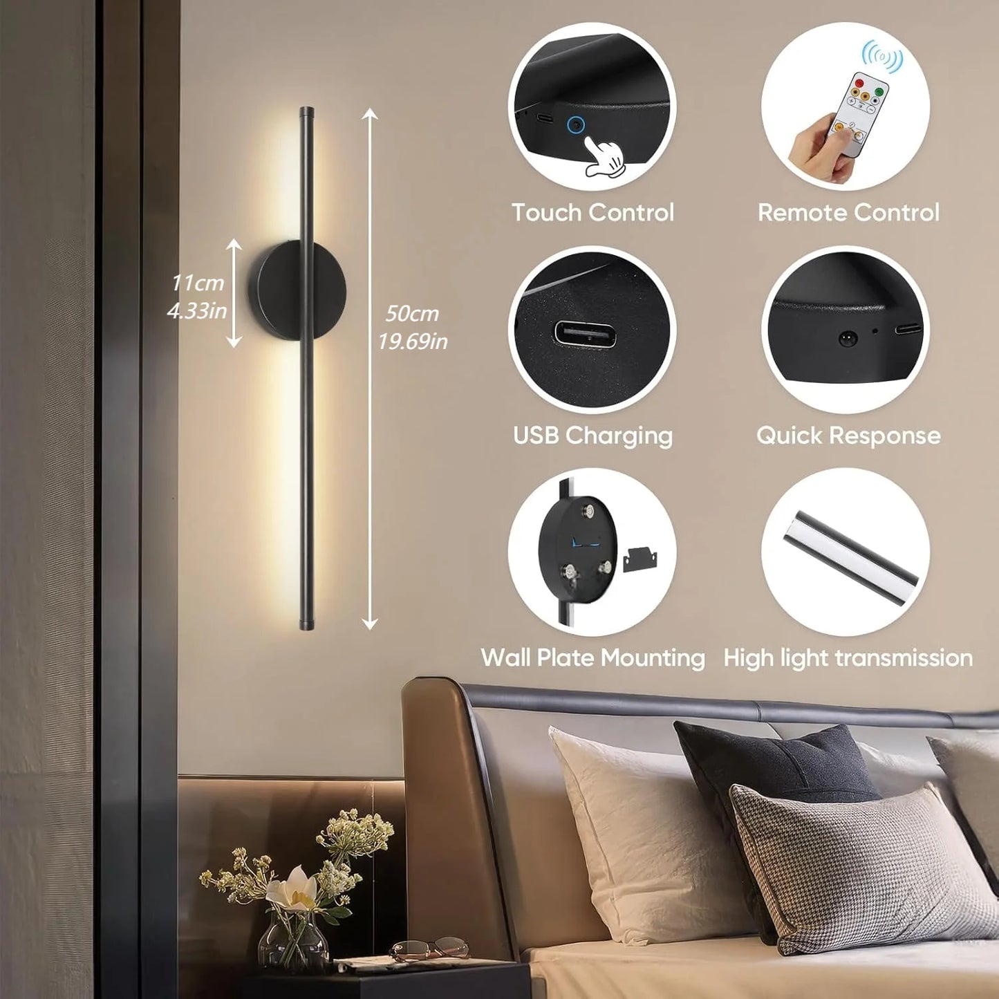 Battery‑Operated Wireless Wall Sconces – USB‑Rechargeable Dimmable Wall Lights with Remote Control (1‑Pack)