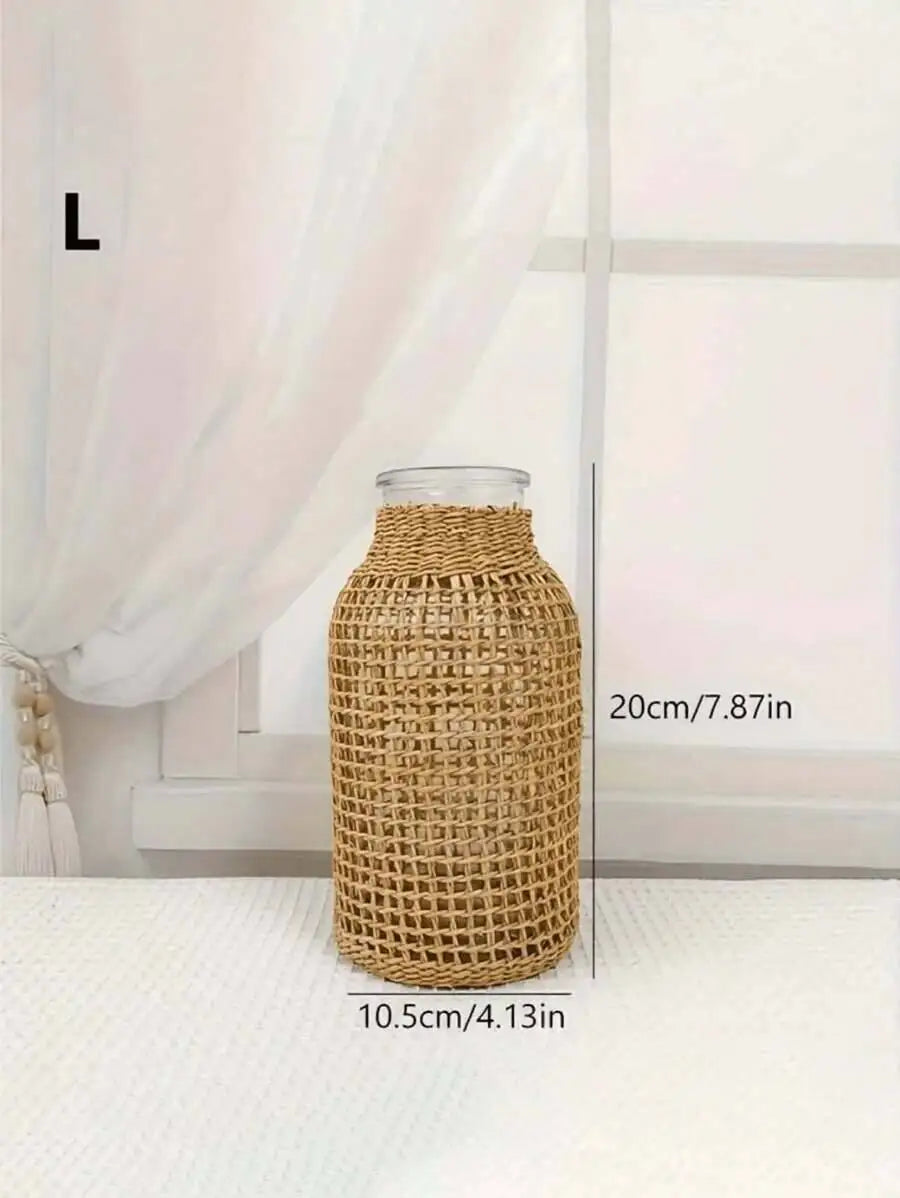 Woven Cylindrical Glass Vase – Decorative Desktop Planter for Home & Office