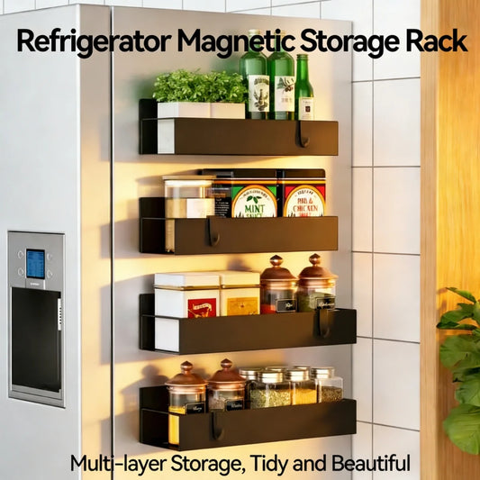 4‑Pack Magnetic Spice Storage Racks – Metal Fridge‑Mounted Shelves for Kitchen Organization