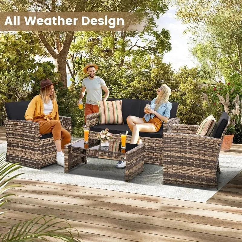 4‑Piece All‑Weather Rattan Sectional Sofa – Outdoor Patio Furniture Set with Cushions & Tempered Glass Table