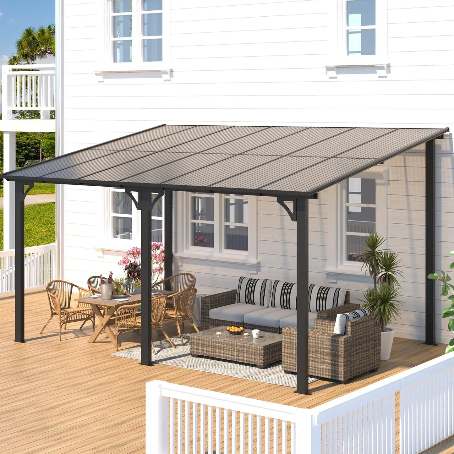 14' × 10' Hard‑Top Lean‑To Gazebo – Wall‑Mounted Pergola with Metal Roof, 140 Sq. Ft. Shaded Patio Coverage