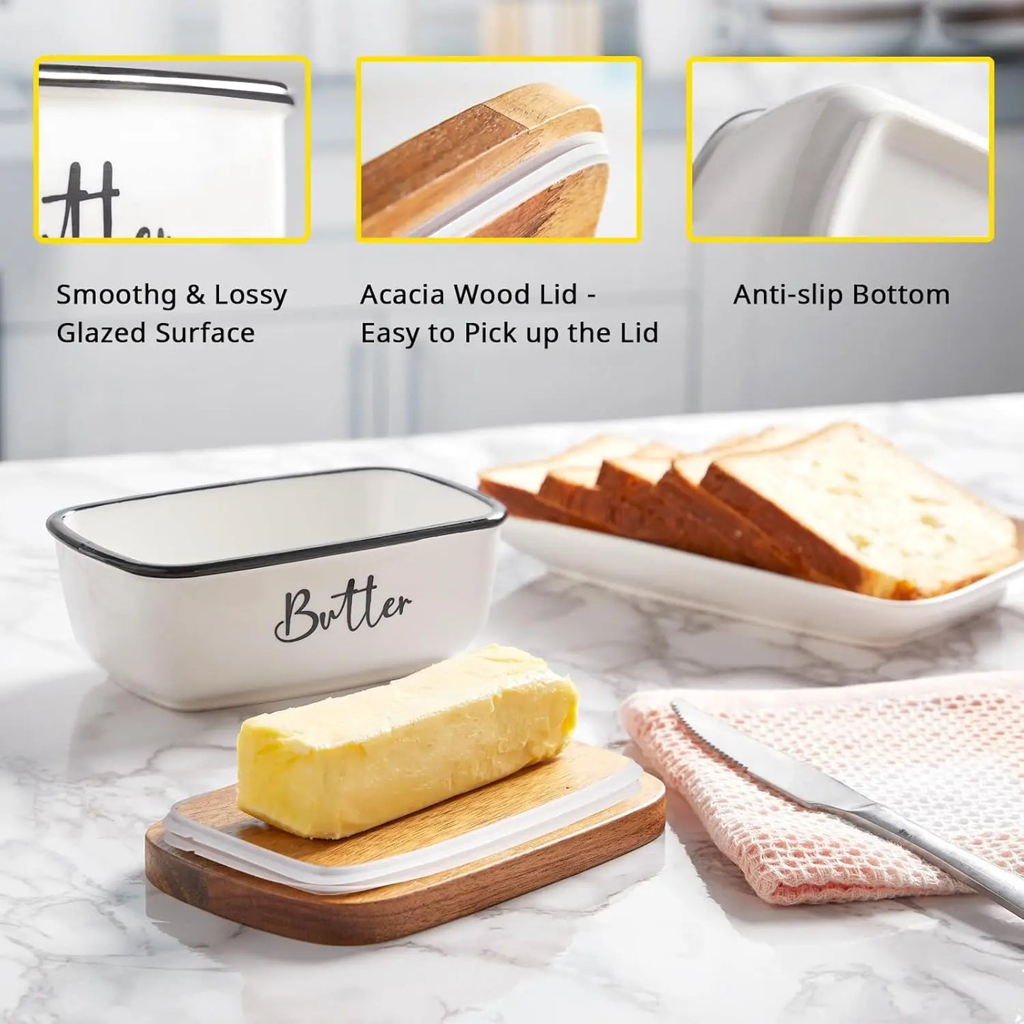 Large White Ceramic Butter Dish – Holds 2 Sticks, Acacia Wood Lid for Modern Kitchen Décor