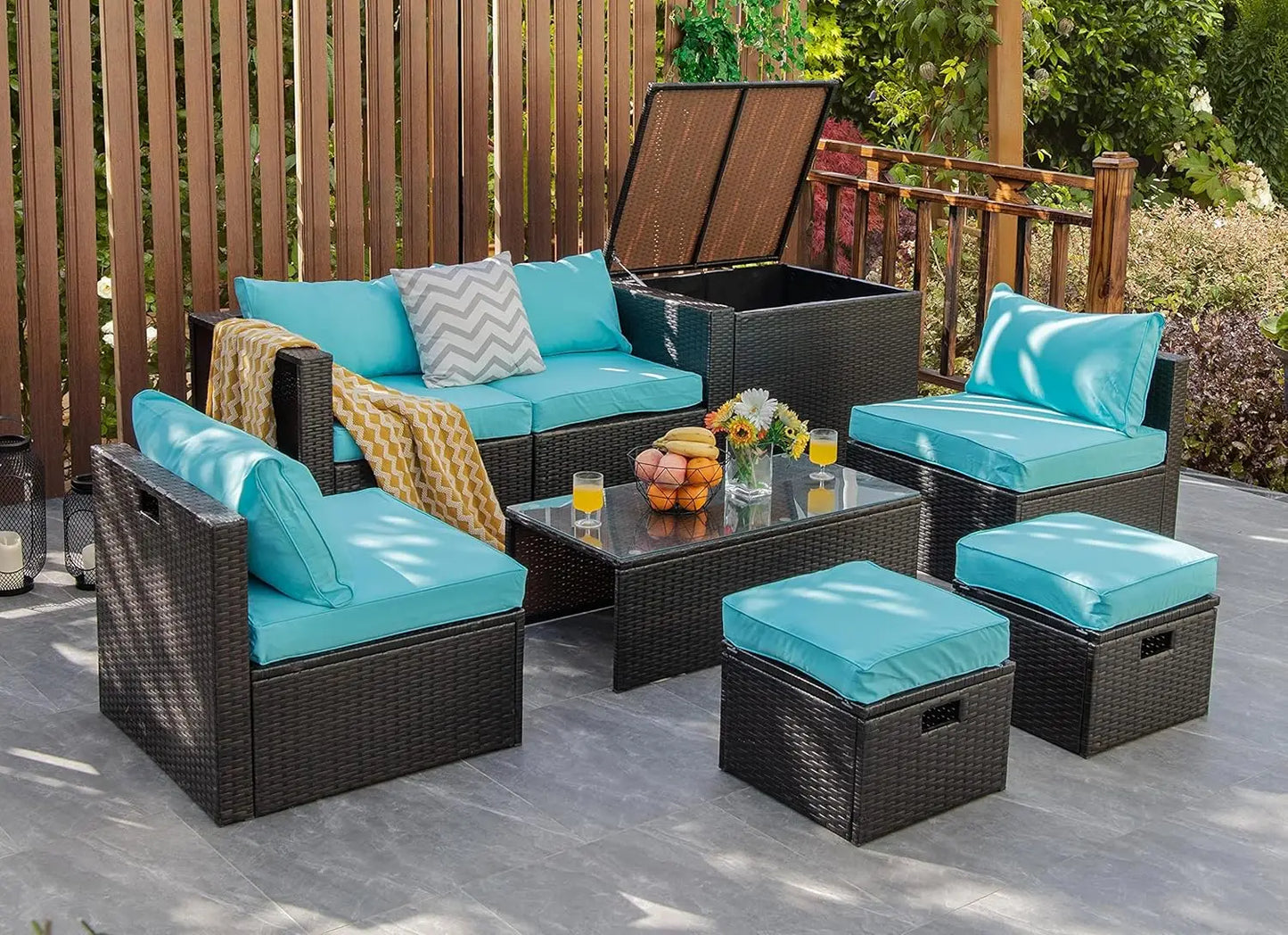 8‑Piece Rattan Outdoor Furniture Set – Sectional Sofa, Chairs, Storage Ottoman & Glass Table, Space‑Saving Design