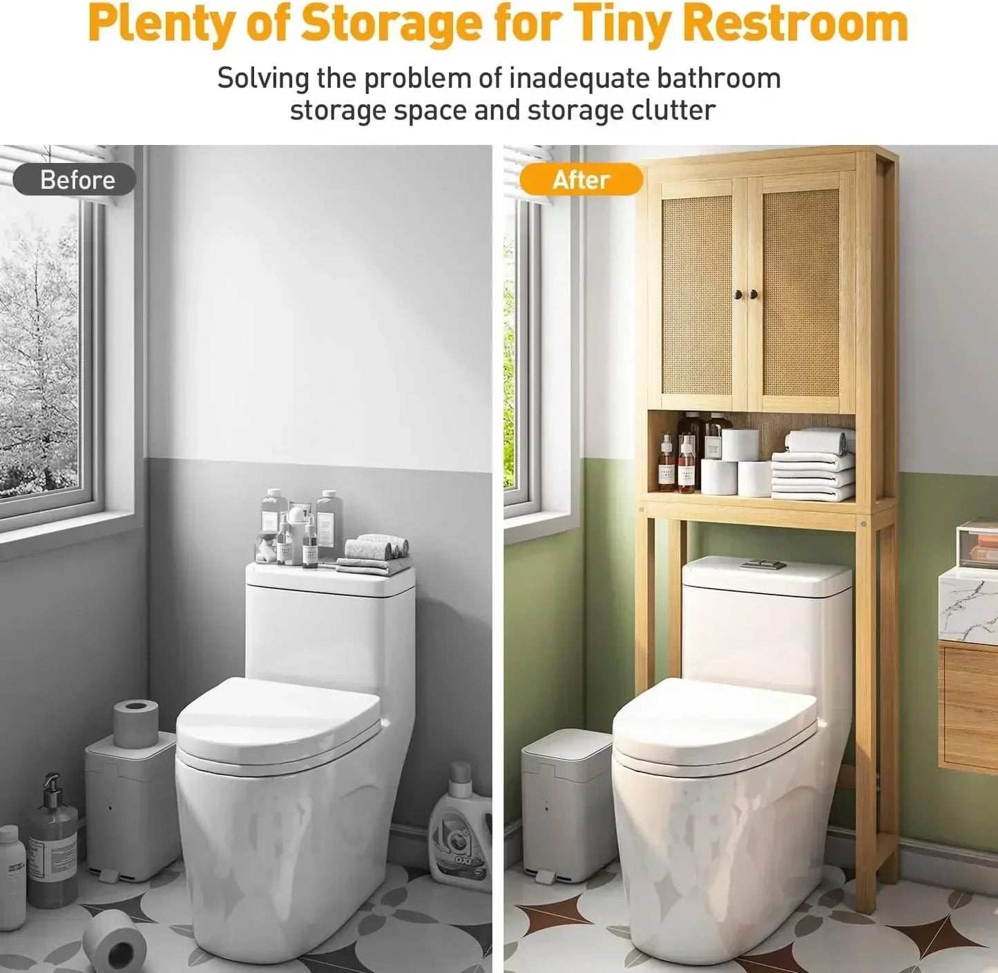 Rattan Over The Toilet Storage Cabinet, Adjustable Shelf