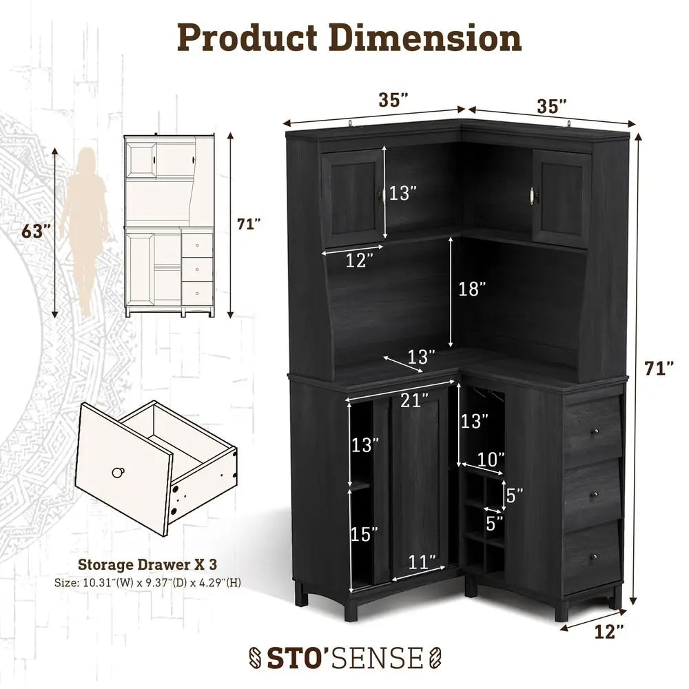 71" L-Shaped Corner Cabinet with Charging Station | Multi-Functional Kitchen Pantry & Wine Bar