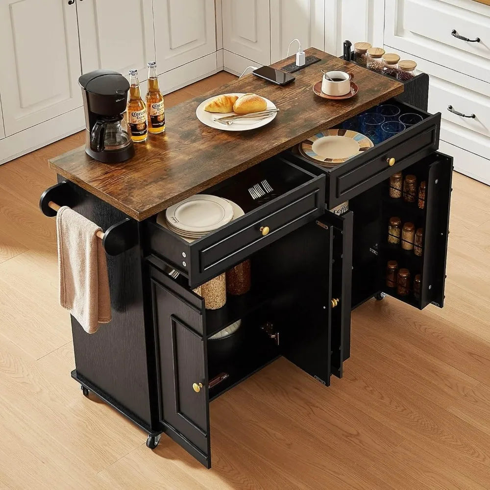 58" Mobile Kitchen Island with Power Outlet, Drawers and Cabinets