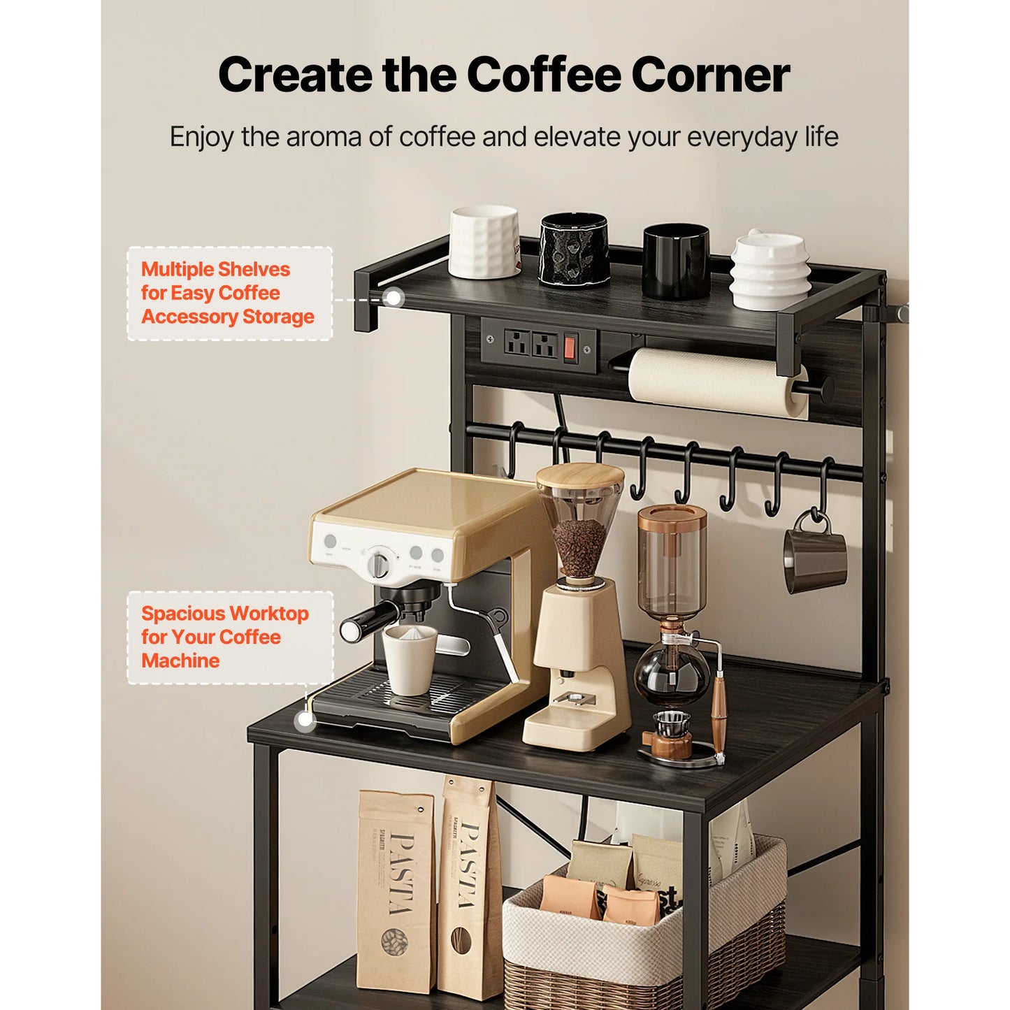 Power Bakers Rack with Support Bar – Kitchen Storage Shelf with Hooks for Dishes & Spice Bottles