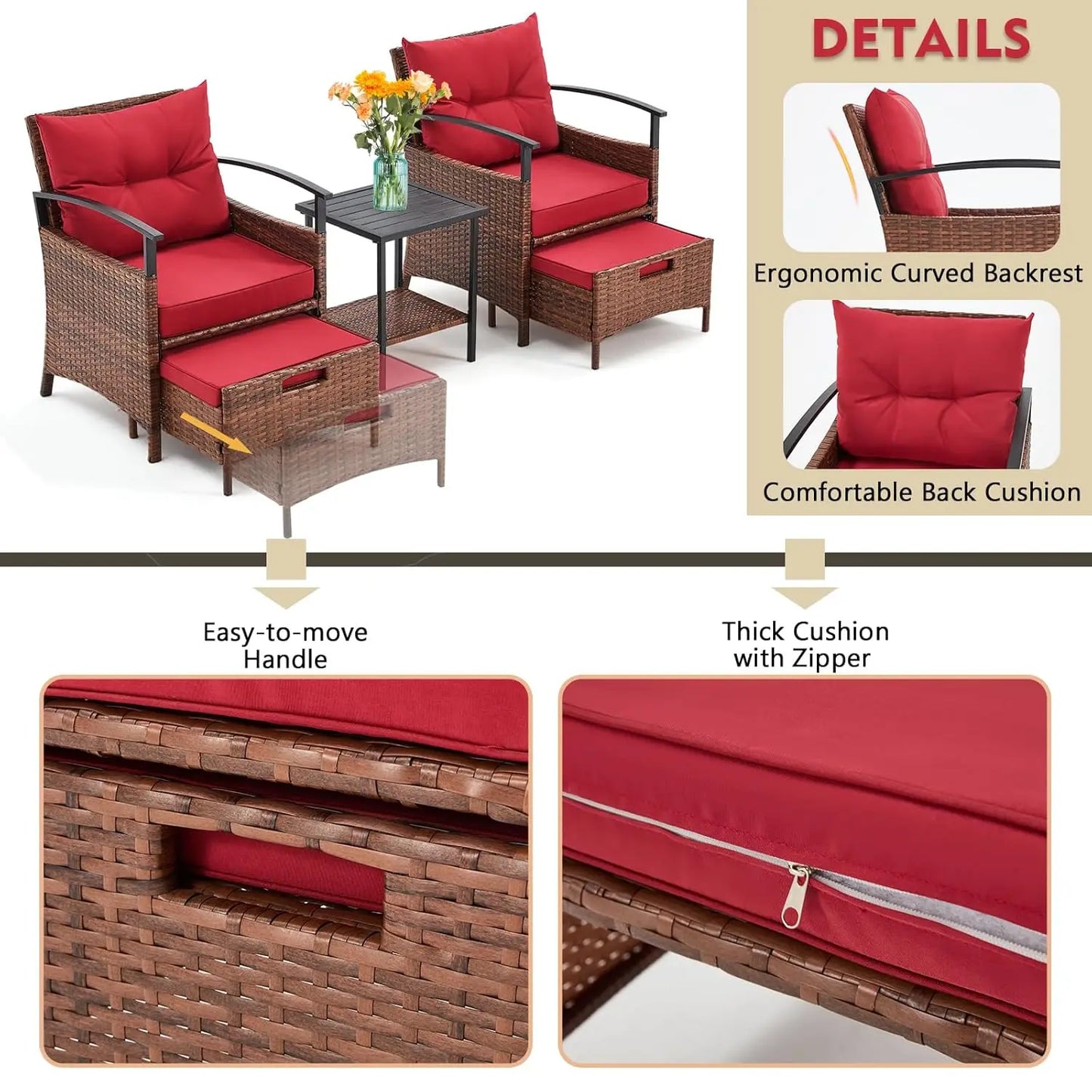 5 Pieces Patio Furniture Set, Outdoor Rattan Chairs with Metal Coffee Table, Ottomans & Soft Cushions