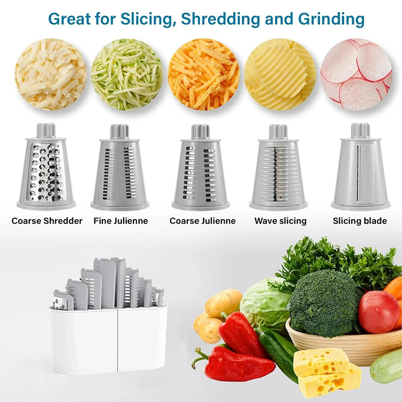 5 in 1 Rotary Cheese Grater Shredder Kitchen - Vegetable Julienne Slicer Waffle Cutter Nut Chopper