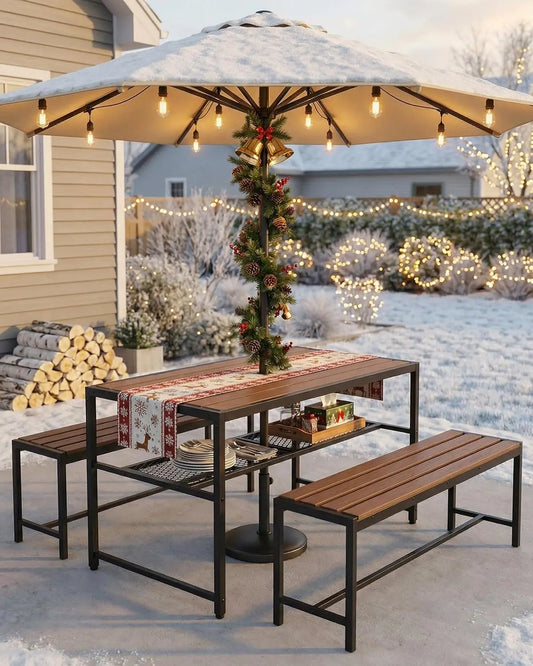 55" HDPE Picnic Table Set – Umbrella Hole, Shelf & 2 Movable Benches, All‑Weather Metal Frame
