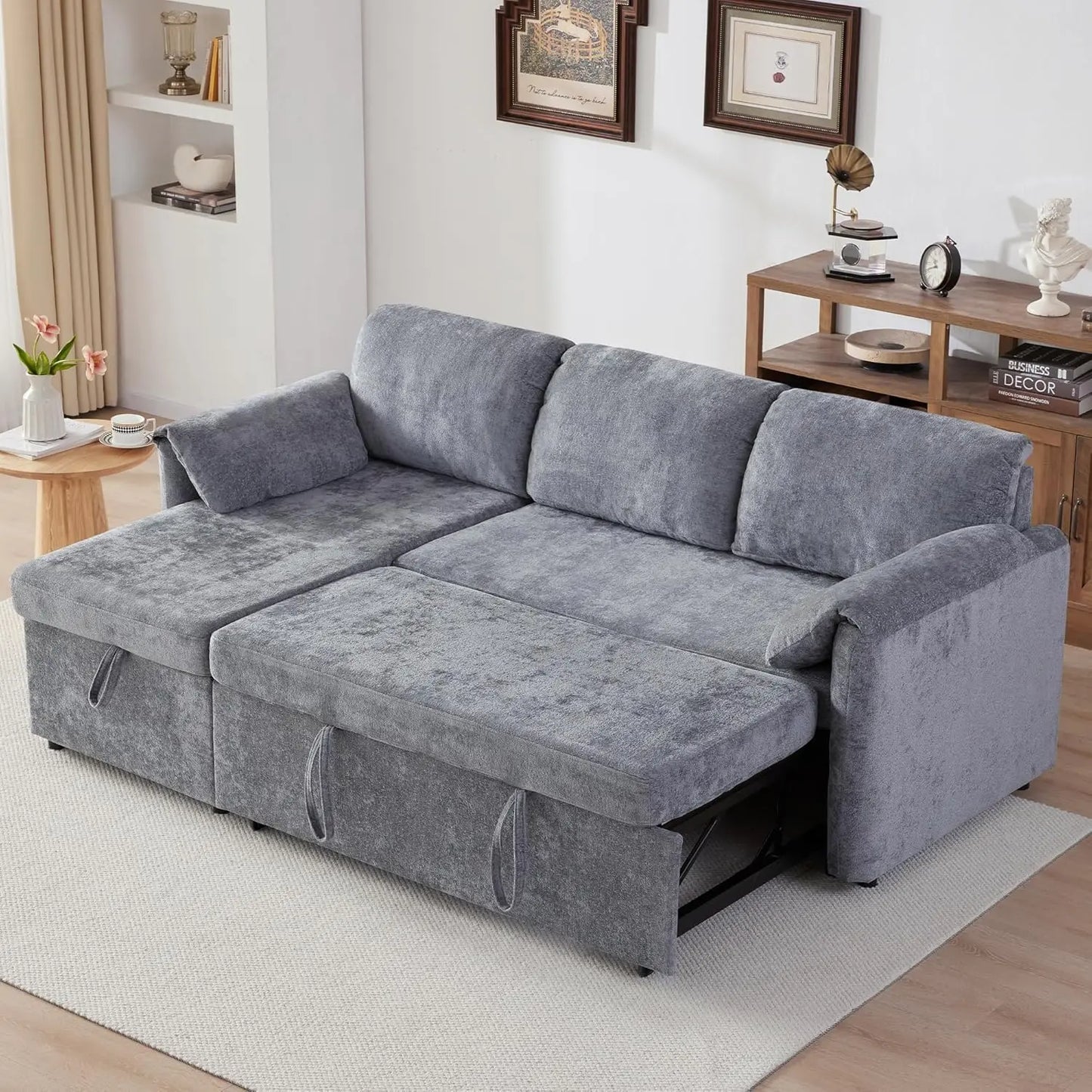 83'' Pull Out Sofa, 3 in 1 Sleeper with USB & Storage Chaise