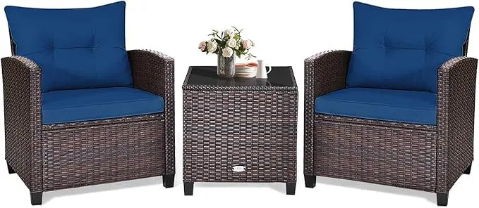 3‑Piece Patio Furniture Set – Outdoor Chairs with Washable Cushions & Tempered Glass Table