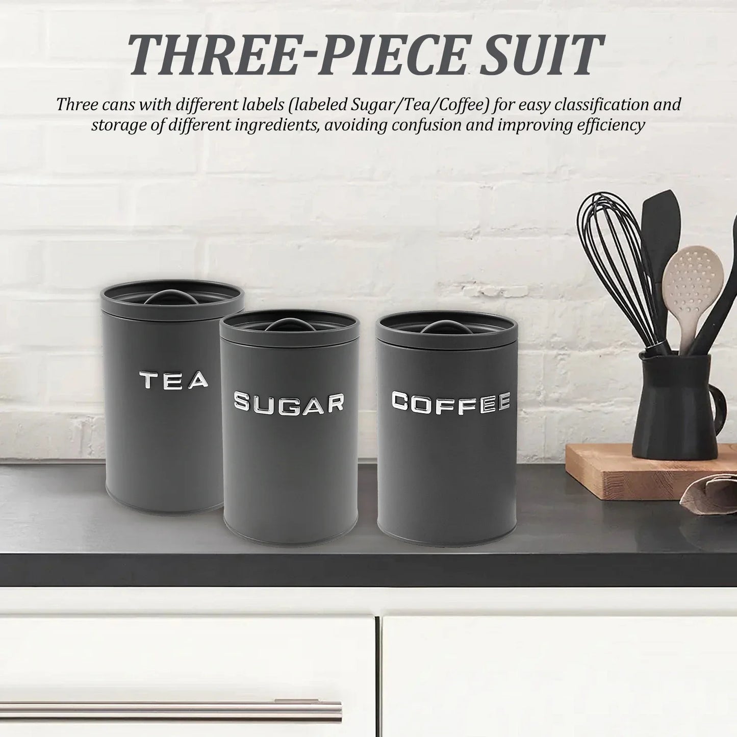 3‑Piece Tea, Coffee & Sugar Canister Set – Airtight Metal Kitchen Containers with Lids