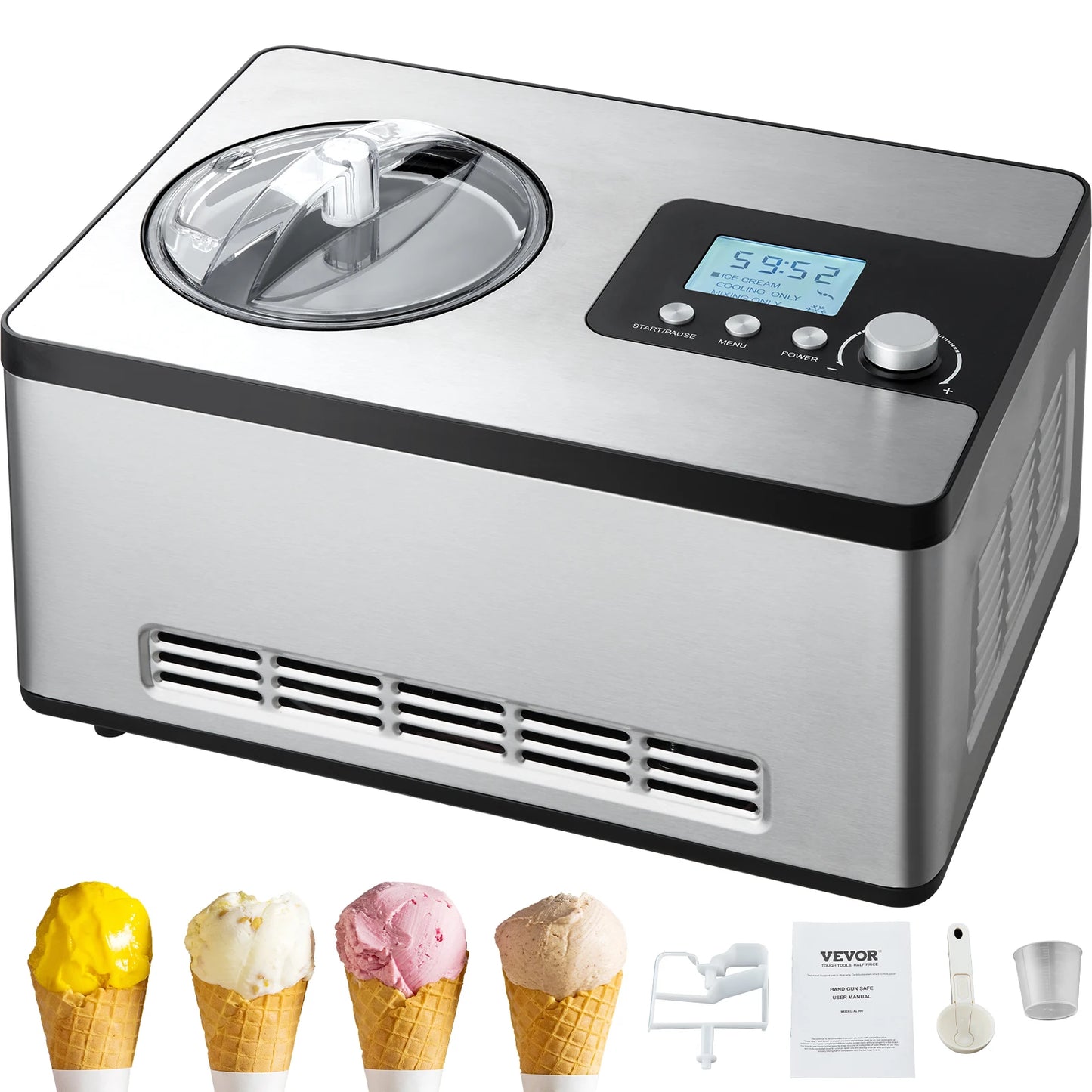 Automatic Ice Cream Maker with Built-in Compressor, 2 Quart No Pre-freezing, Fruit Yogurt Machine, Electric Sorbet Maker