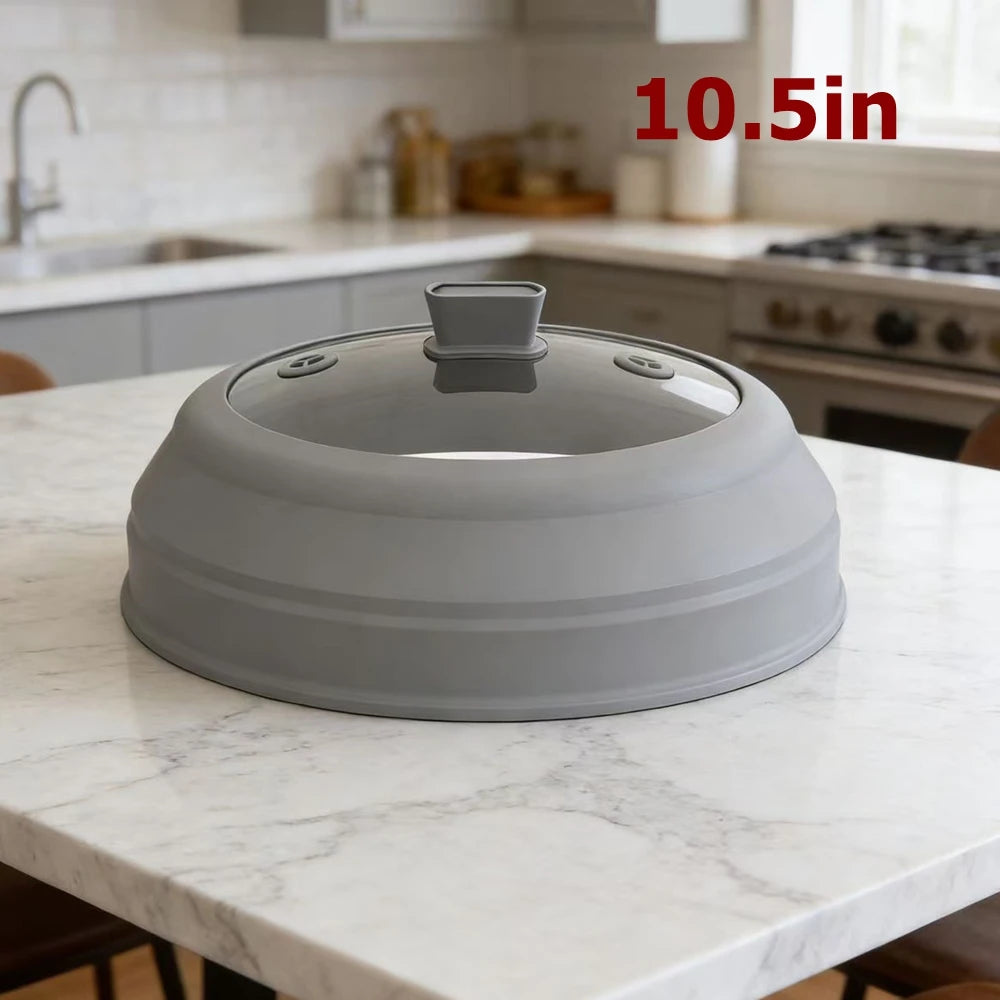 10.5" Microwave Splatter Cover – Glass Lid with Foldable 9" Silicone Splash Guard