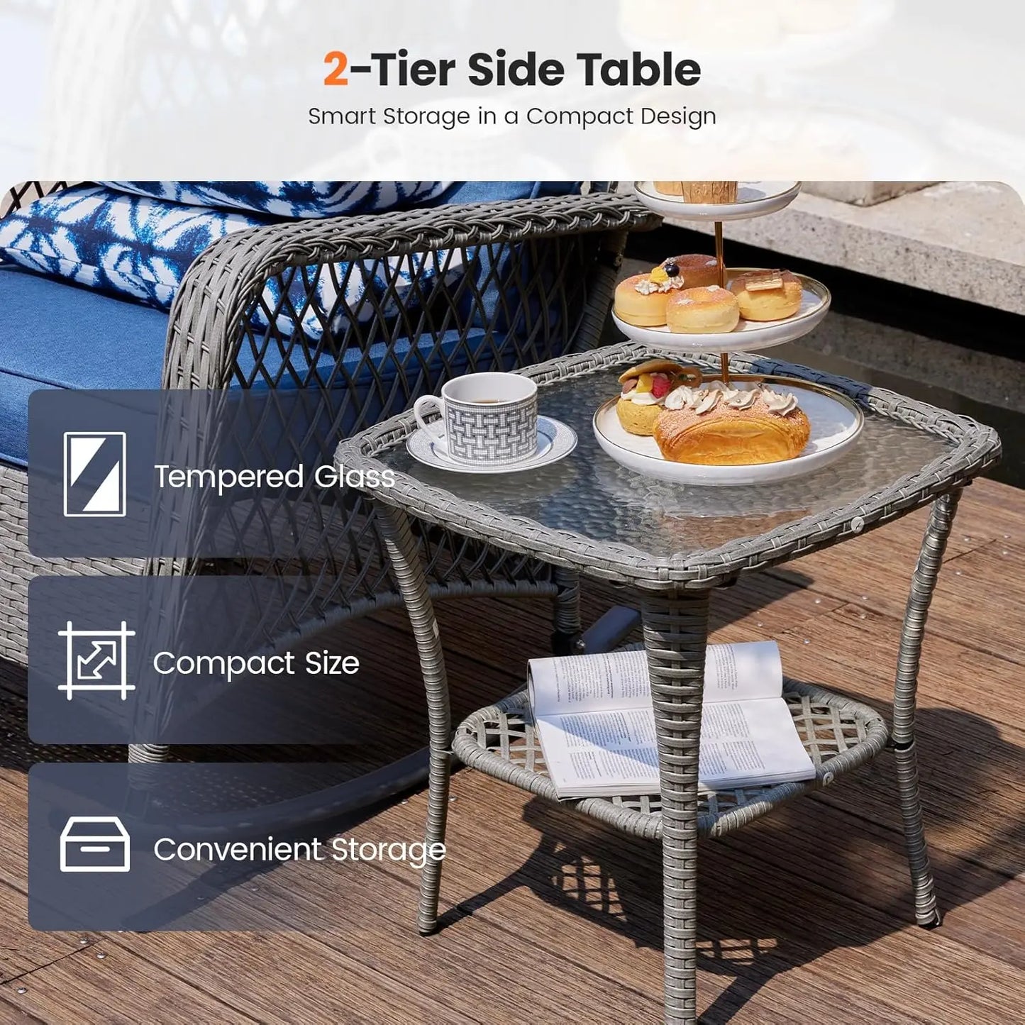 3‑Piece Outdoor Wicker Rocking Set – 4" Thick Cushions & Side Table for Porch, Balcony & Poolside