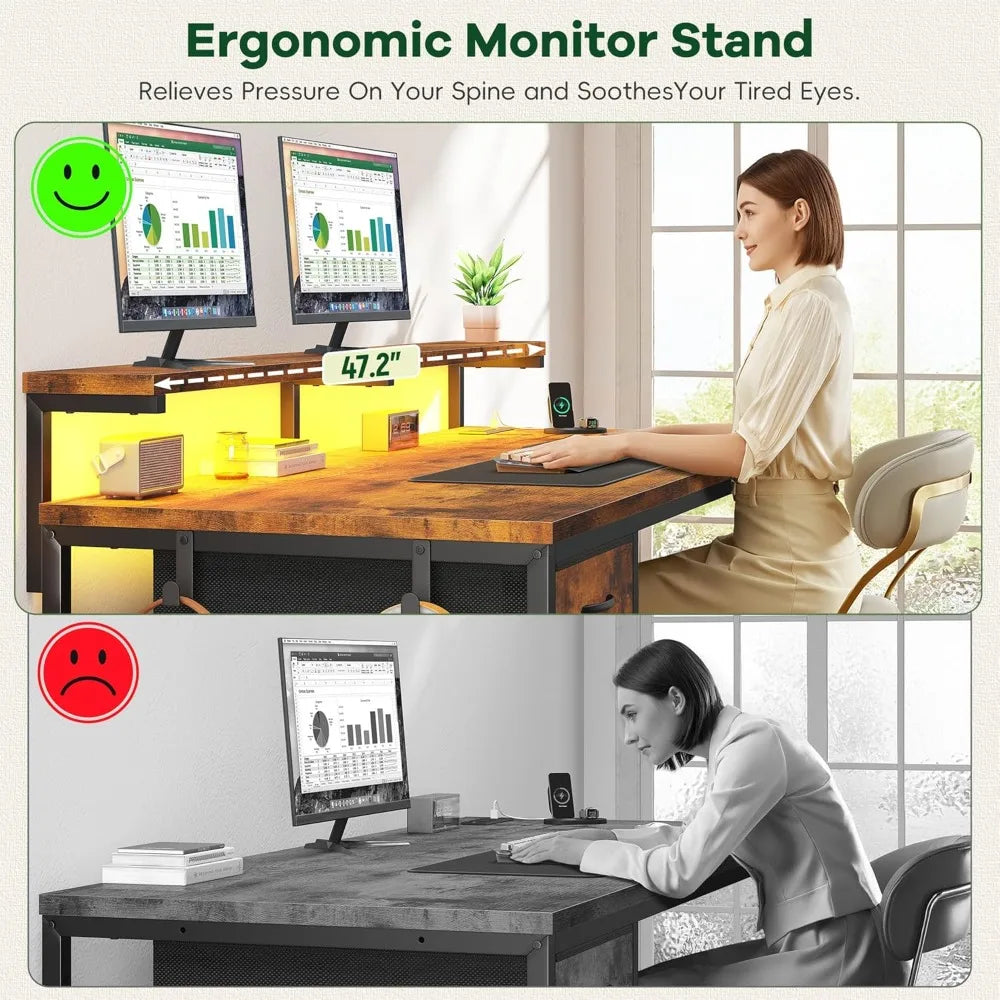 47" Office Desk with Power Outlet & Ergonomic Monitor with CPU Stand & LED Lights