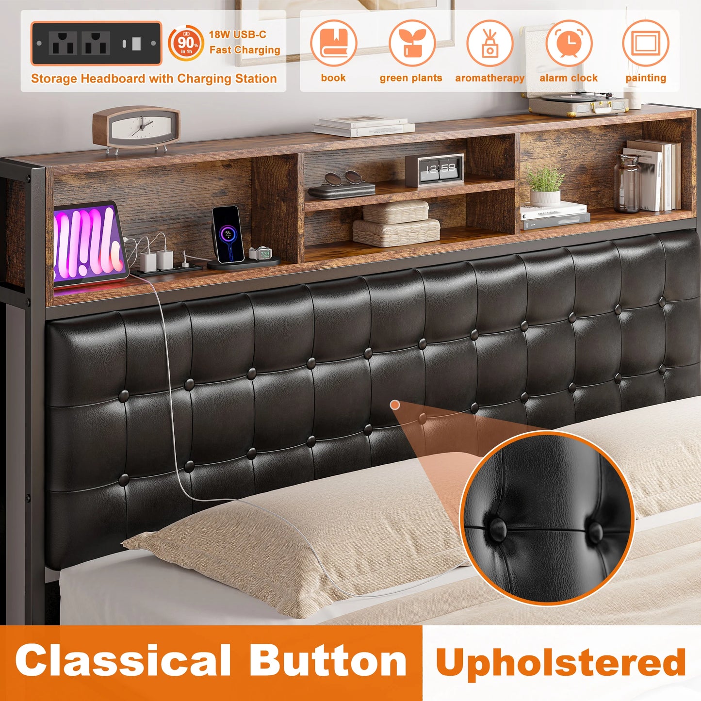 Full/Queen/King Bed Frame with Charging Station and 4 Storage Drawers, Platform Bed
