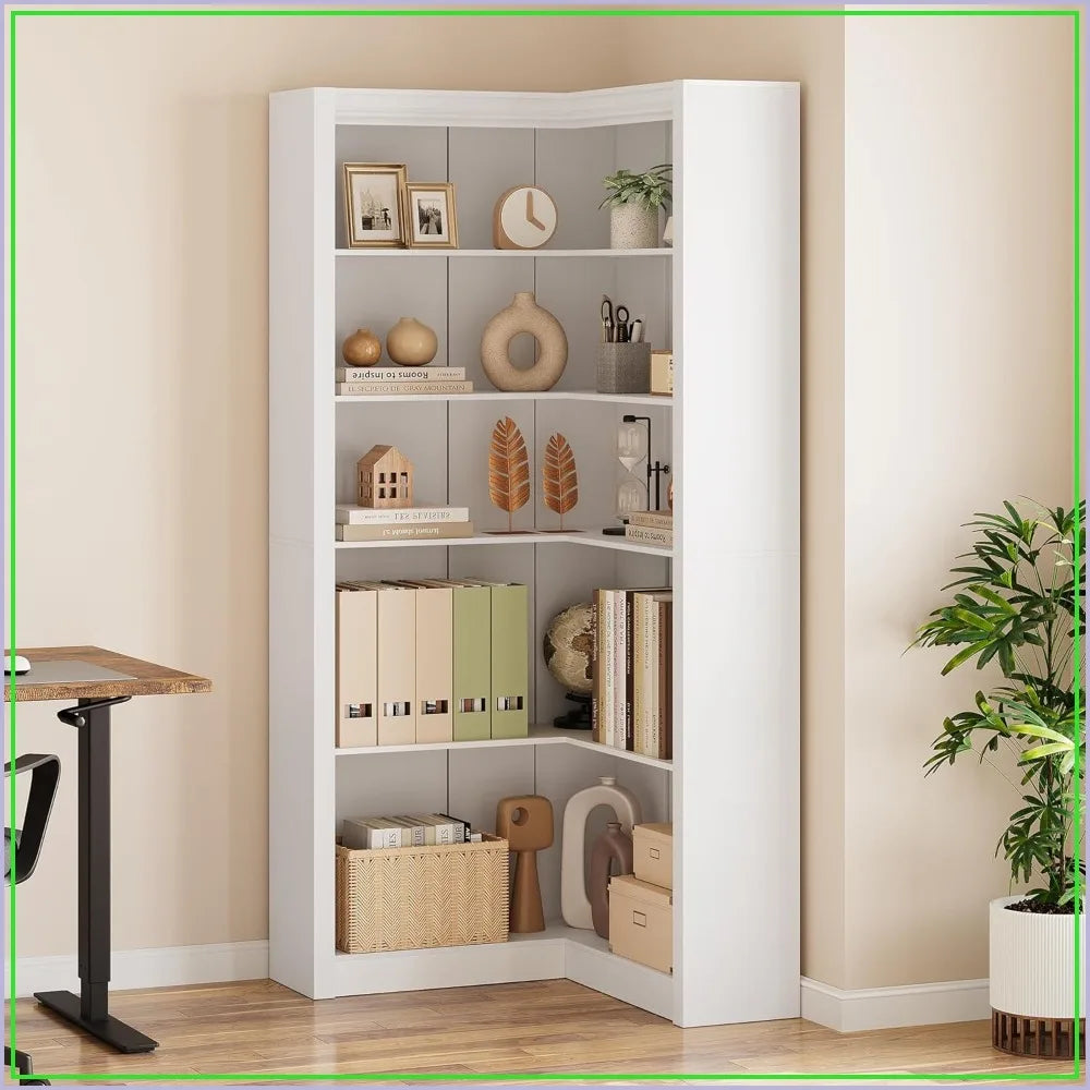 72" L-Shaped Corner Bookshelf | 5-Tier Heavy-Duty Display Storage Shelf