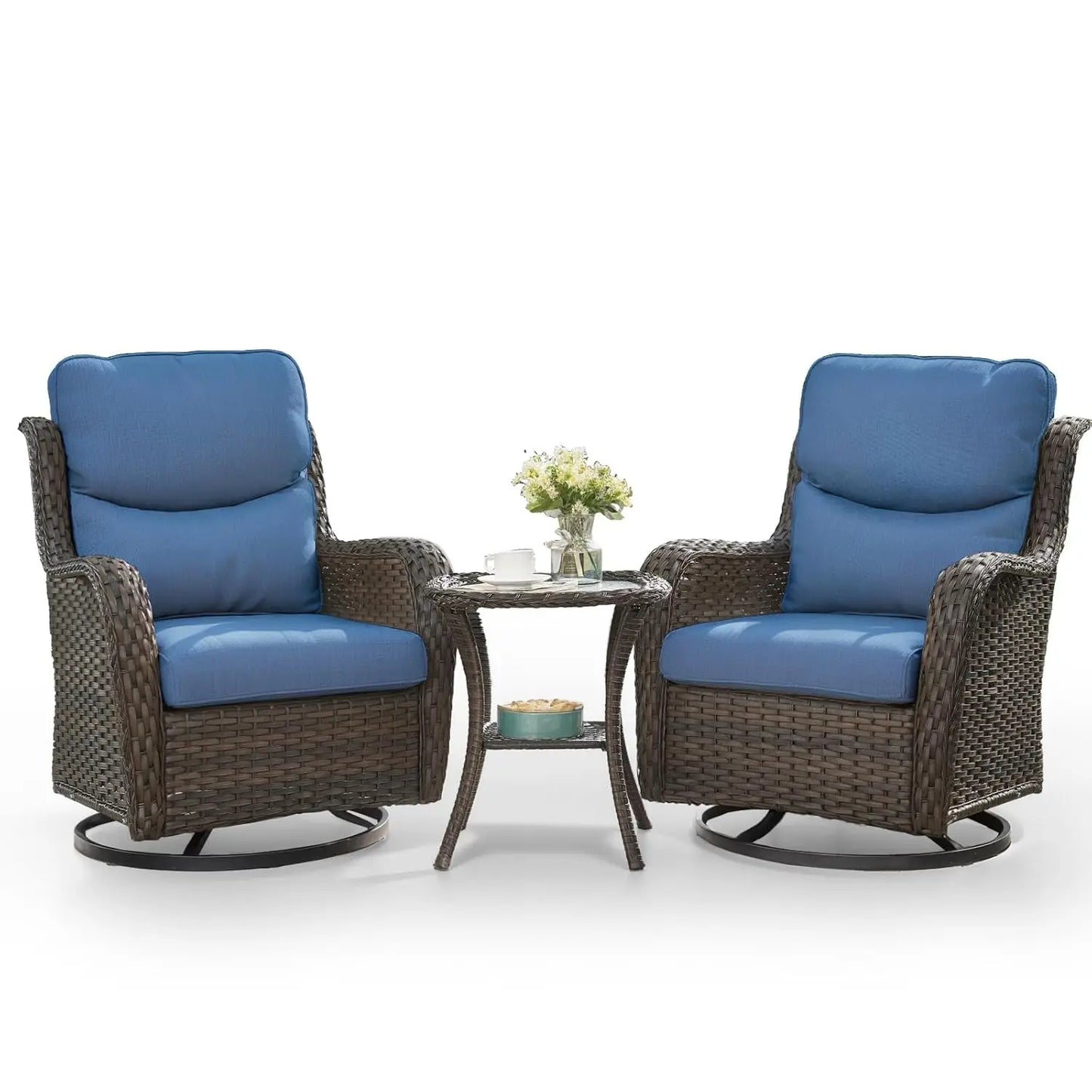 High Back Outdoor Swivel Rocker Patio Chairs Set of 2, with 5-Inch Thick Cushions and Side Table, All-Weather