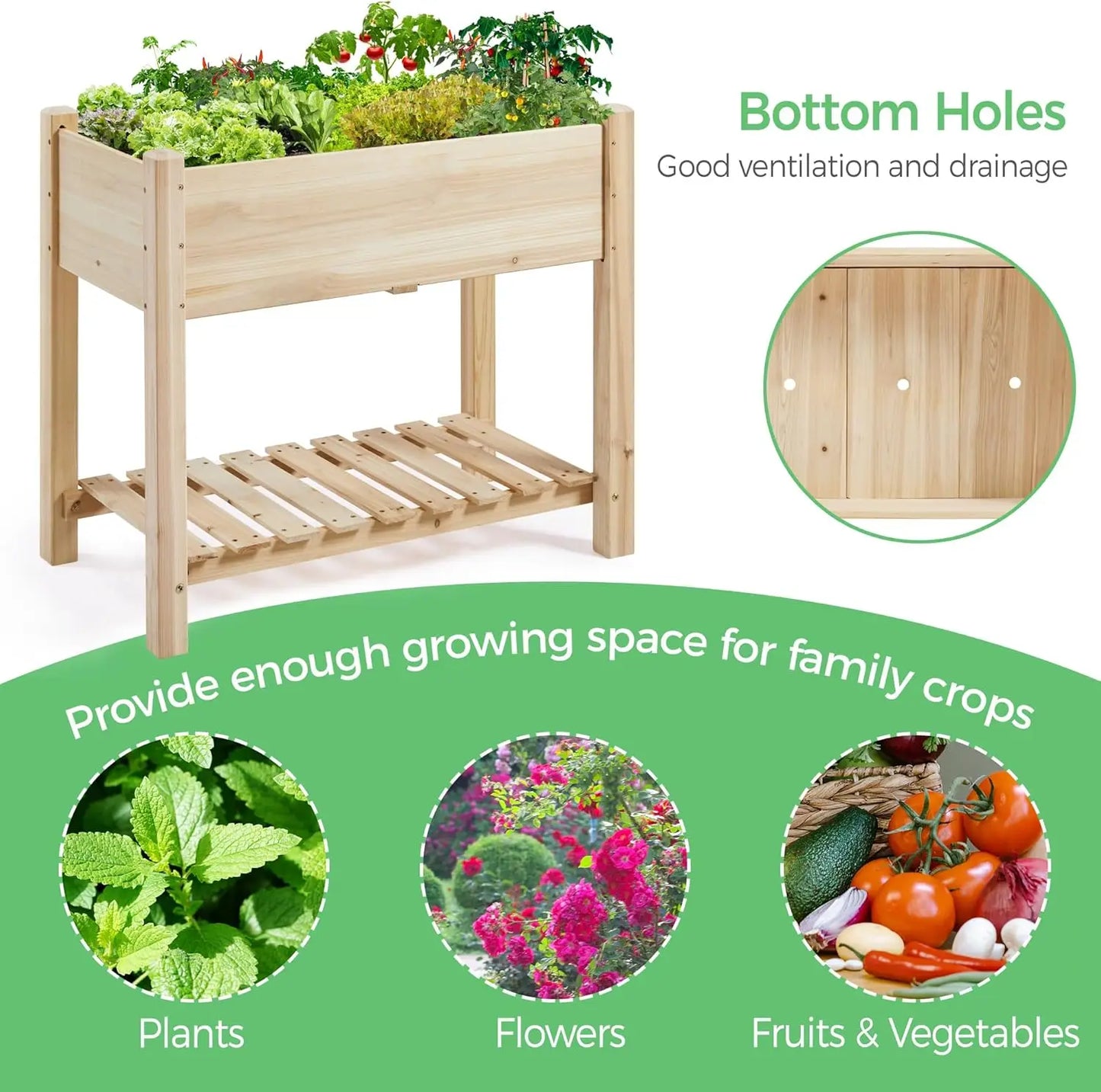 Elevated Wooden Garden Bed with Storage Shelf, 34x18x30in