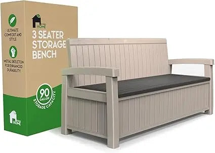3 Seat Outdoor Storage Bench - 90 Gallon Capacity - Weatherproof Resin Bench for Patio, Porch, Garden, Yard, Pool Area