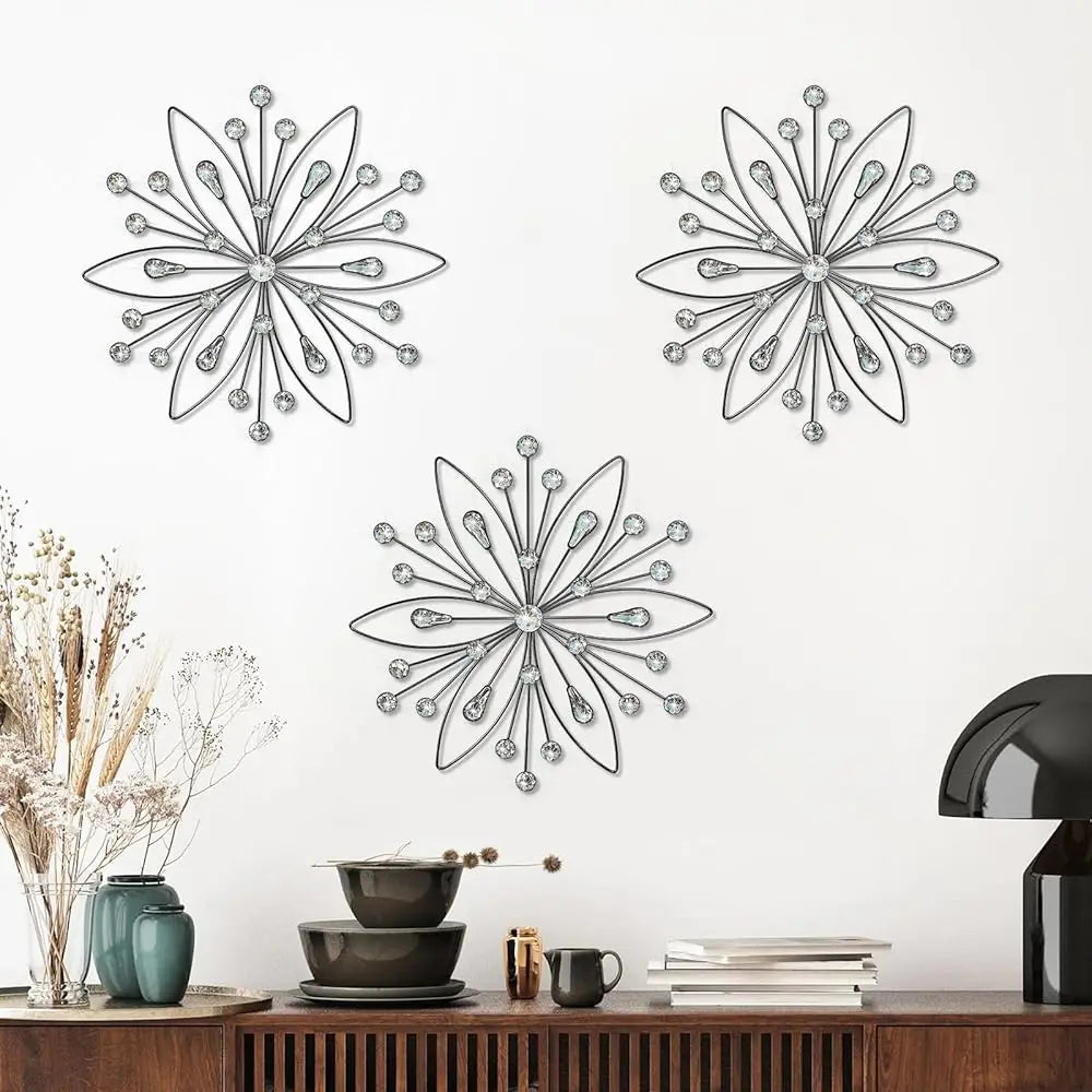 Crystal Home Décor Rhinestone Sun Star Wall Hanging Diamond Accents 18x18. 3 Set Metal Jeweled Wall Art Bling