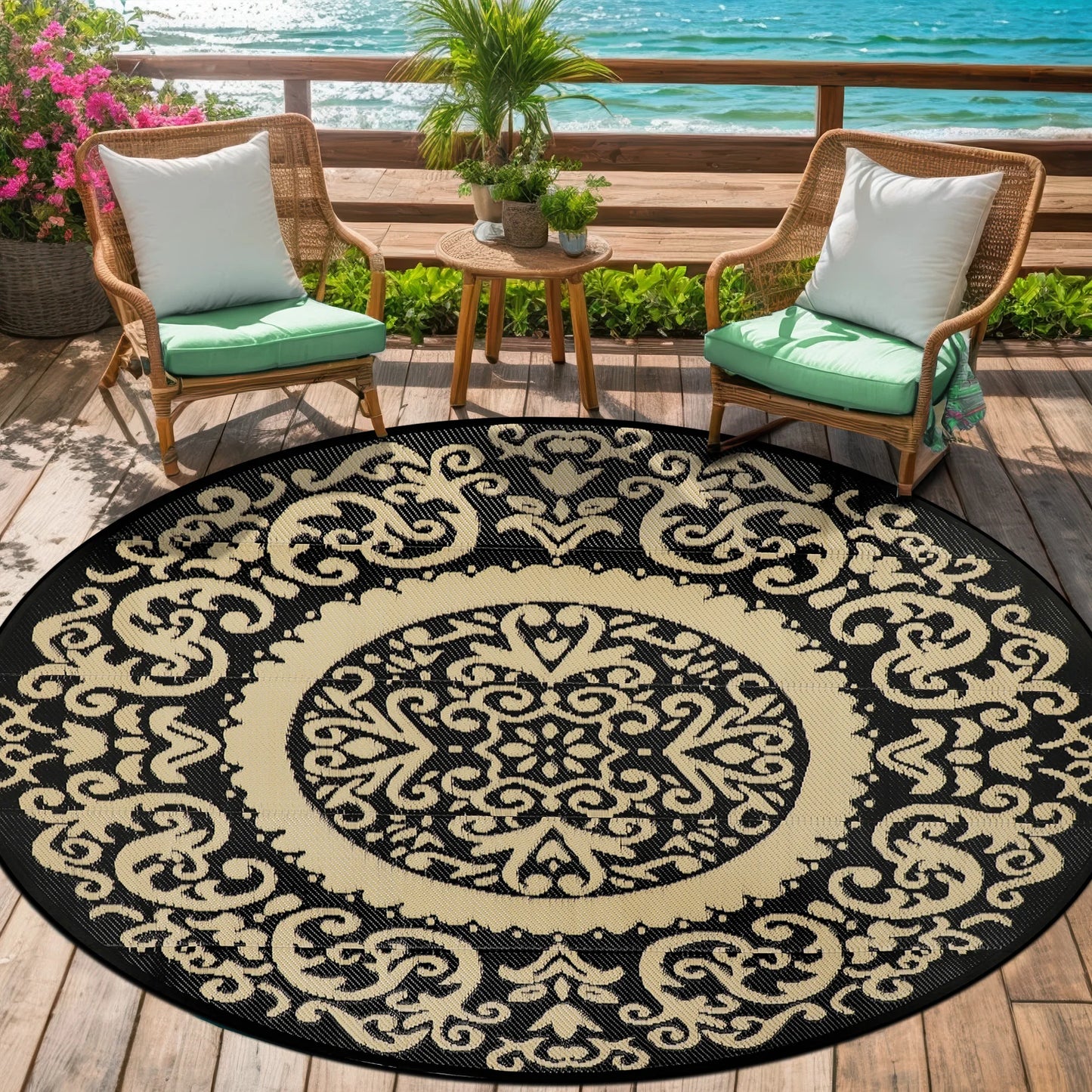 8ft Round Outdoor Patio Rug, Reversible,Lightweight