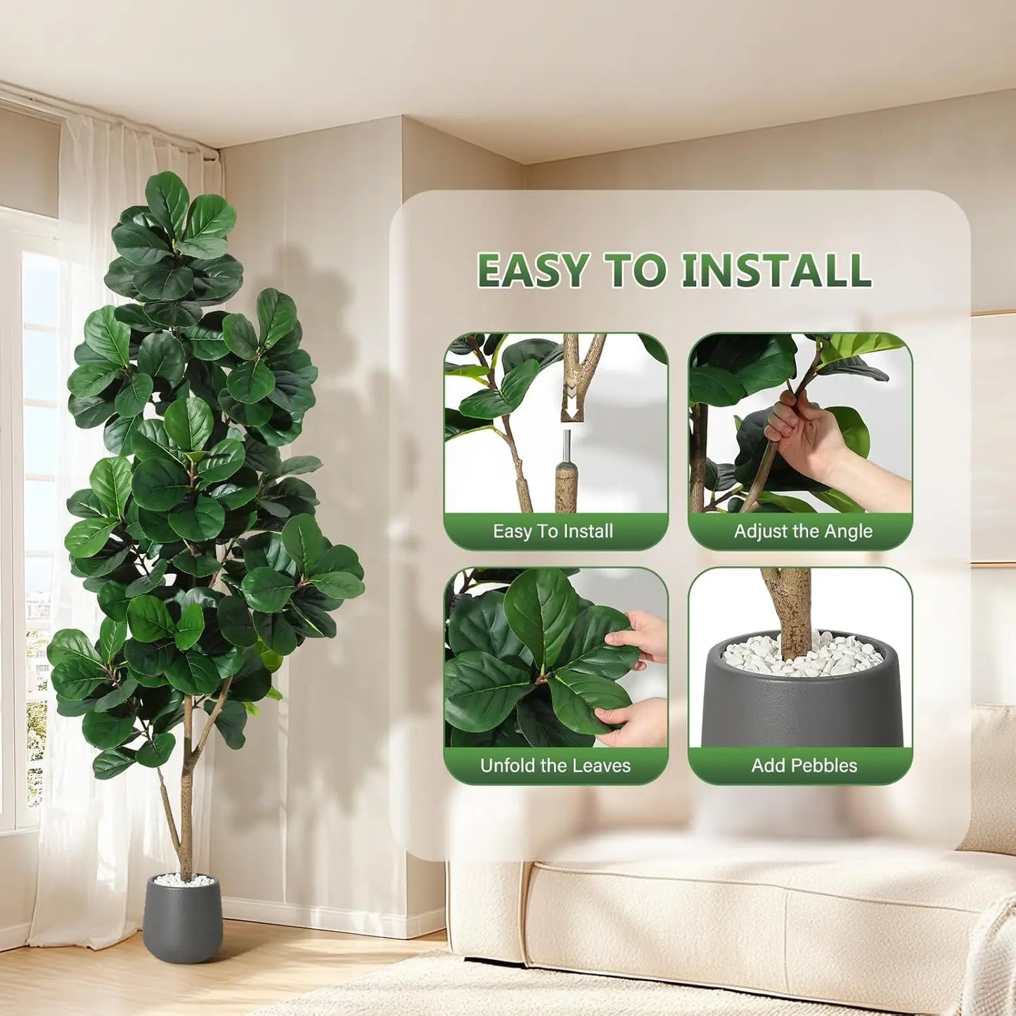 4–7FT Artificial Fiddle Leaf Fig Tree – Realistic Faux Ficus Lyrata with Lush Leaves in White Planter Pot