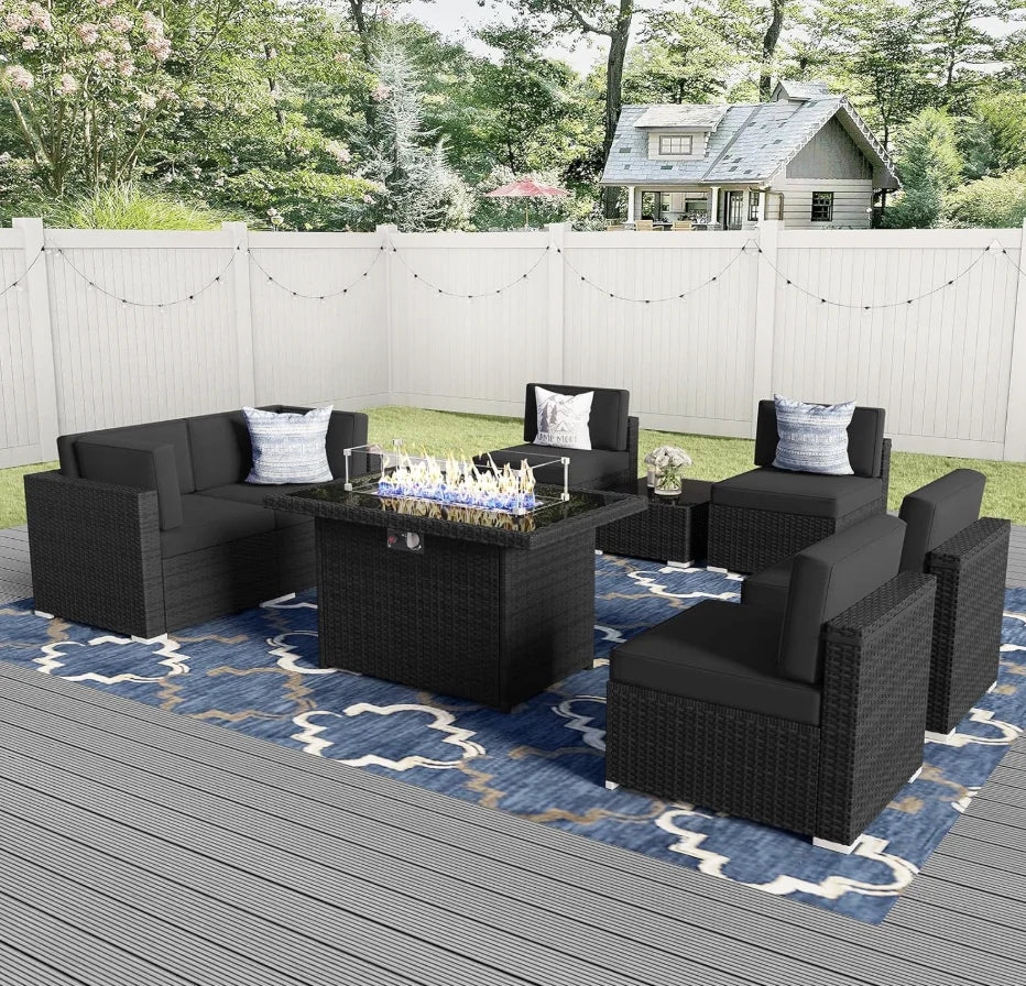 8 Piece Patio Furniture Set with 44" Propane Gas Fire Pit Table, Outdoor Sectional Wicker