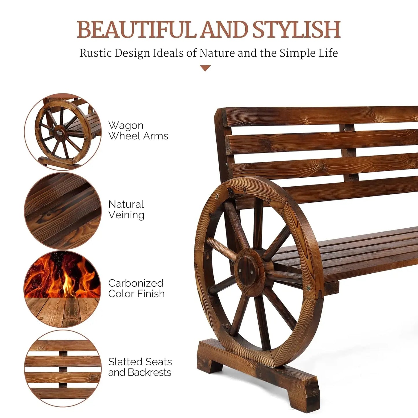 41" Rustic Wooden Outdoor Bench, 2-Person Wagon Wheel Slatted Seat Weather Resistant