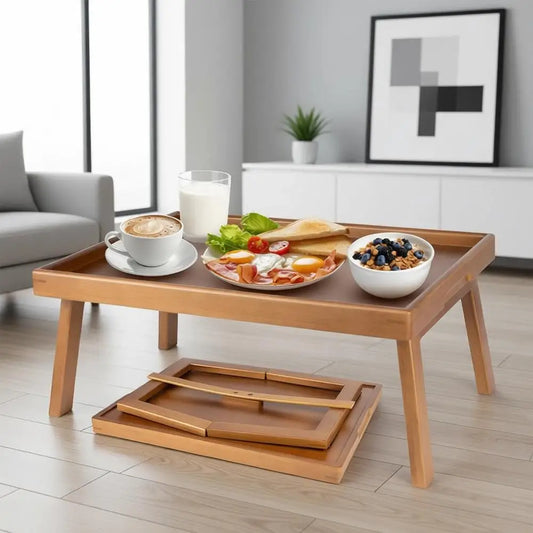 Adjustable Bamboo Breakfast Table – Folding Legs Bed/Sofa Tray for Eating, Laptop Work & TV Viewing