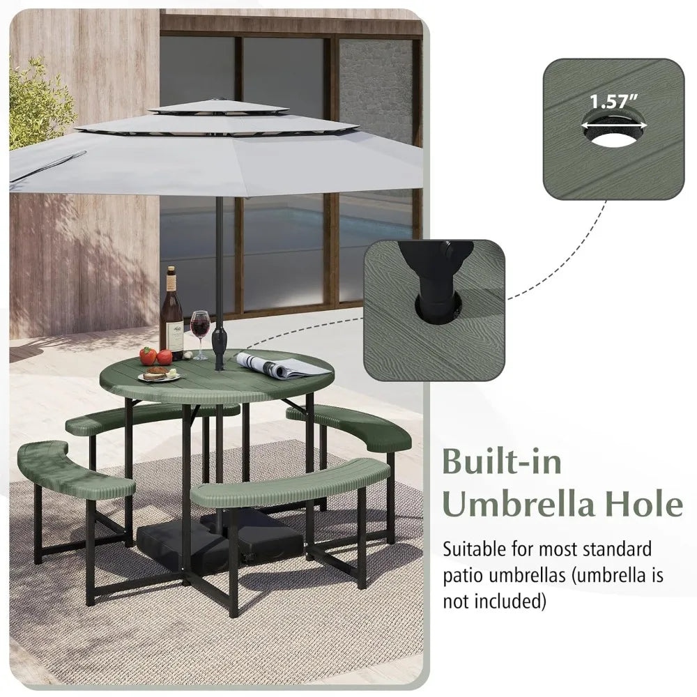 37" Round Picnic Table & Chair Set – Seats 4–8, Outdoor Table with Umbrella Holes