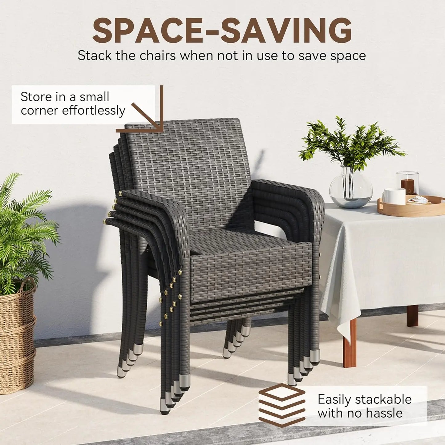 2pcs - Stackable All-Weather Rattan Chairs w/Armrests, Steel Frame, Outdoor