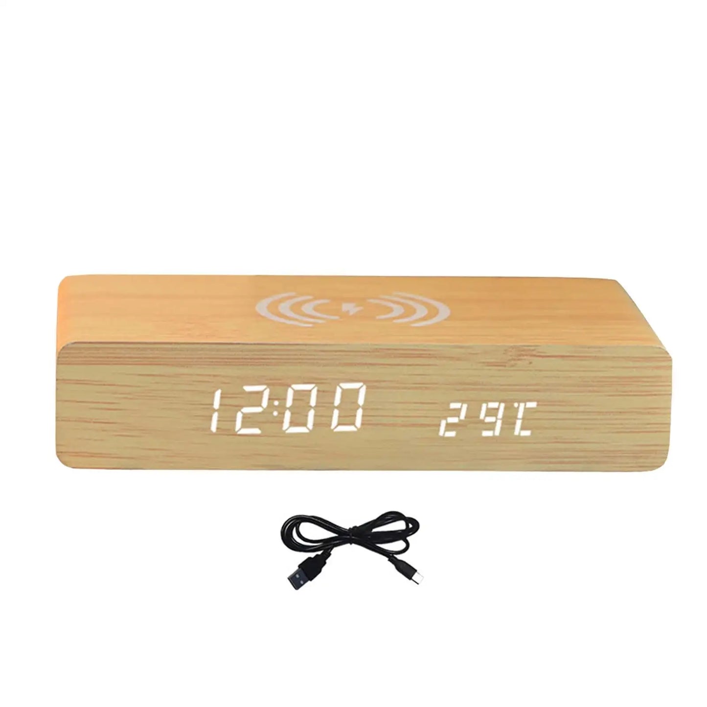 Minimalist Wooden Digital Clock – Wireless Charging Bedside Alarm