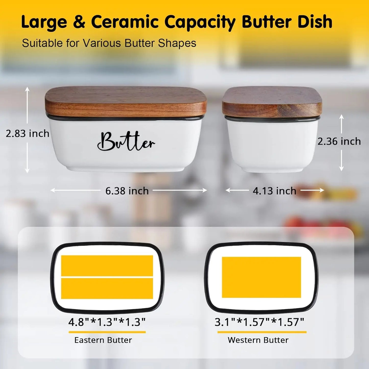 Large White Ceramic Butter Dish – Holds 2 Sticks, Acacia Wood Lid for Modern Kitchen Décor