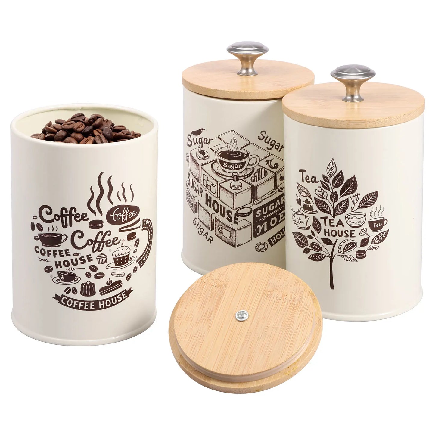 3Pcs Kitchen Coffee Sugar Tea Canister Set - Vintage Metal Food Storage Box