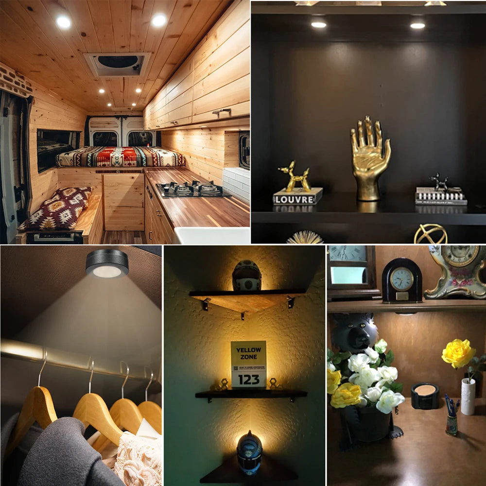 6-Pcs Black Round LED Under Cabinet Closet Light, Dimmable, Remote Control