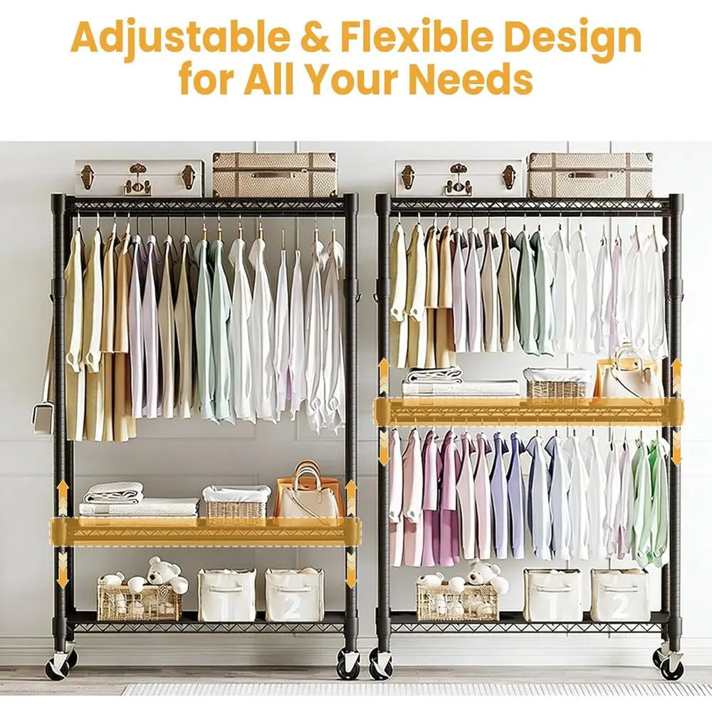 3‑Tier Clothes Rack with Wheels – Adjustable Shelves & Dual Hanging Rods