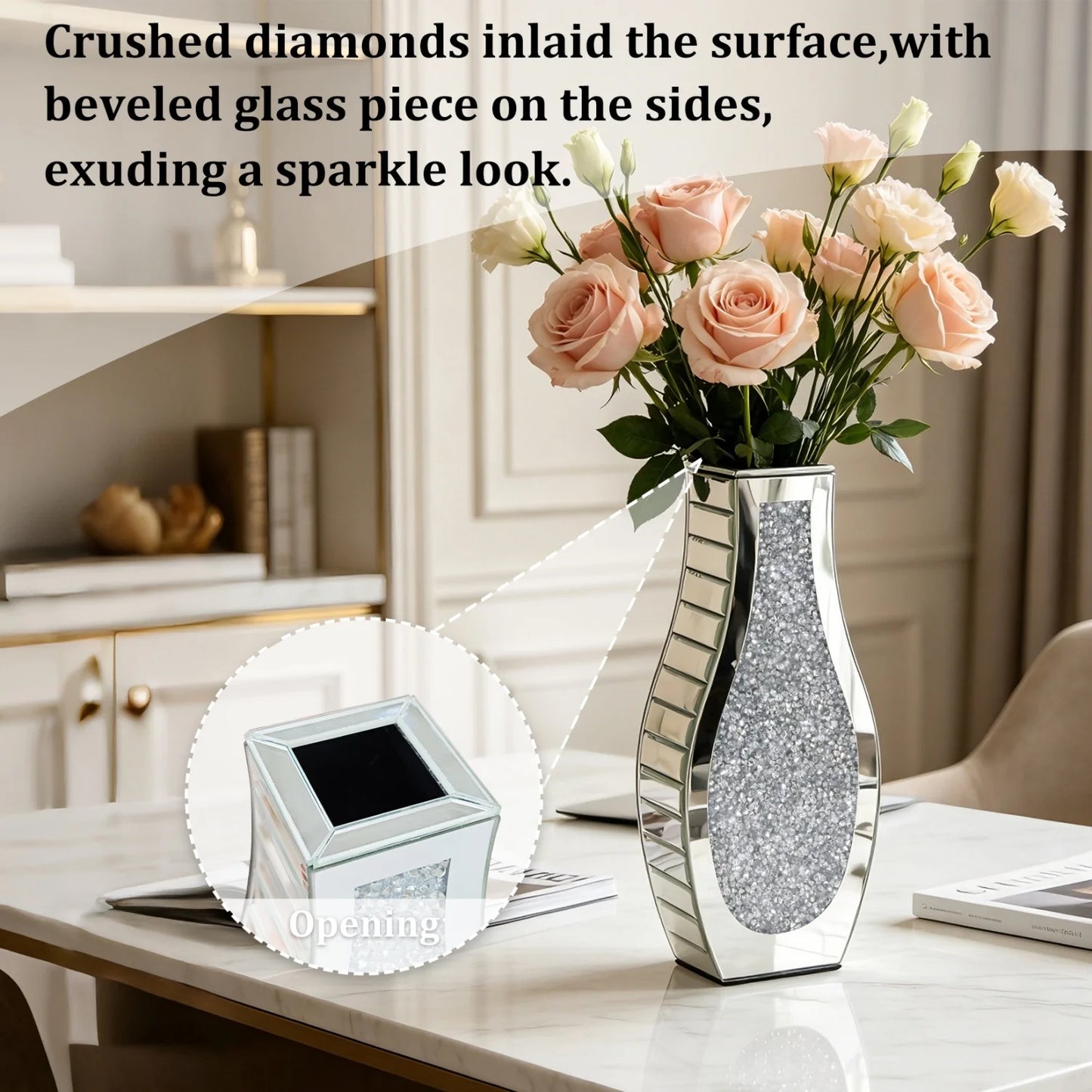 Modern Crushed Diamond Mirror Vase – Crystal‑Accented Decorative Flower Vase for Home Styling