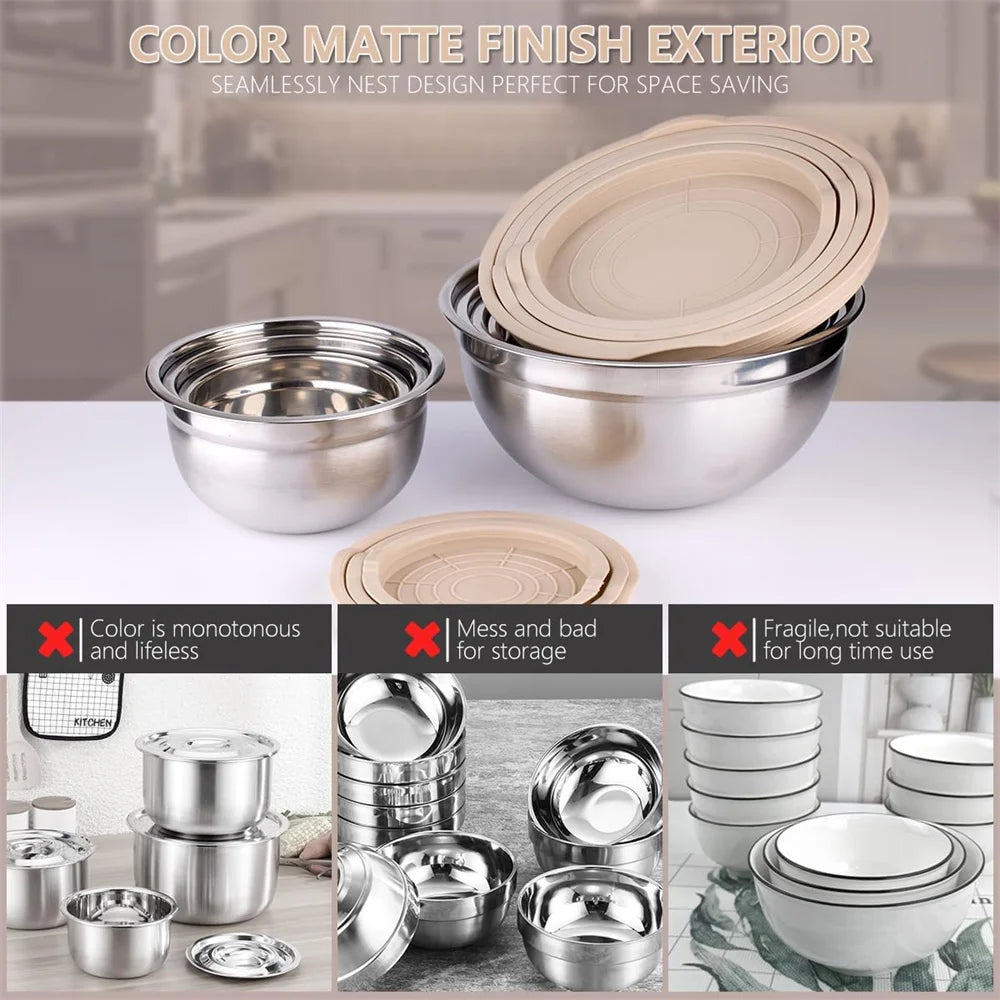 Stainless Steel Mixing Bowl Set with Lids – Durable, Reusable Bowls for Salad, Baking & Meal Prep (Sold as 2 or 14‑Piece Sets)