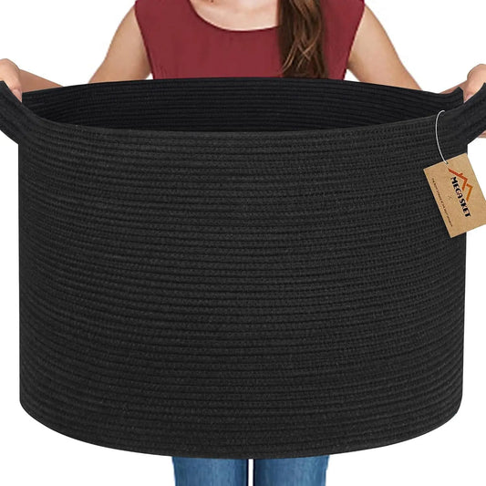 Large Black Woven Rope Storage Basket, 22x22x14 Inch Blanket Holder Toy Organizer