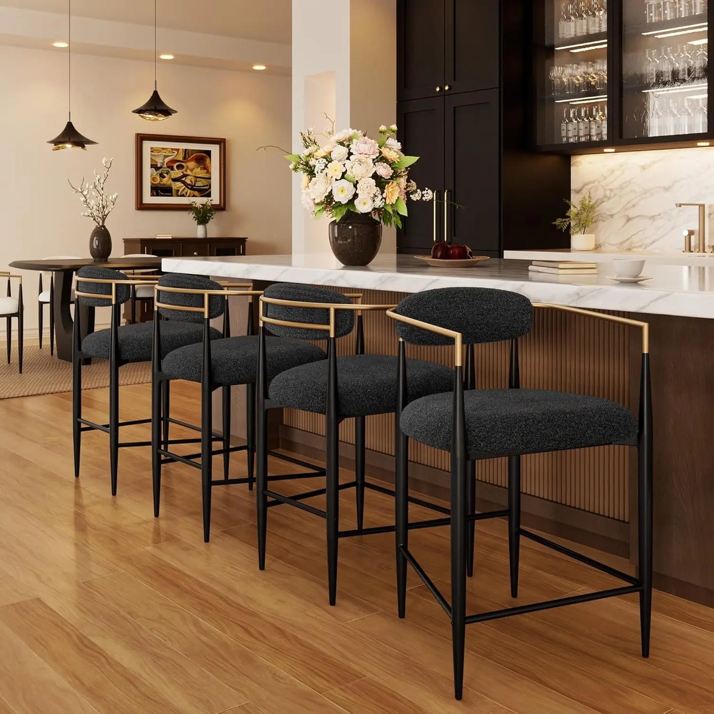 Modern Upholstered Counter Height Bar Stools Set 4 - High Back Black Metal Legs 26in