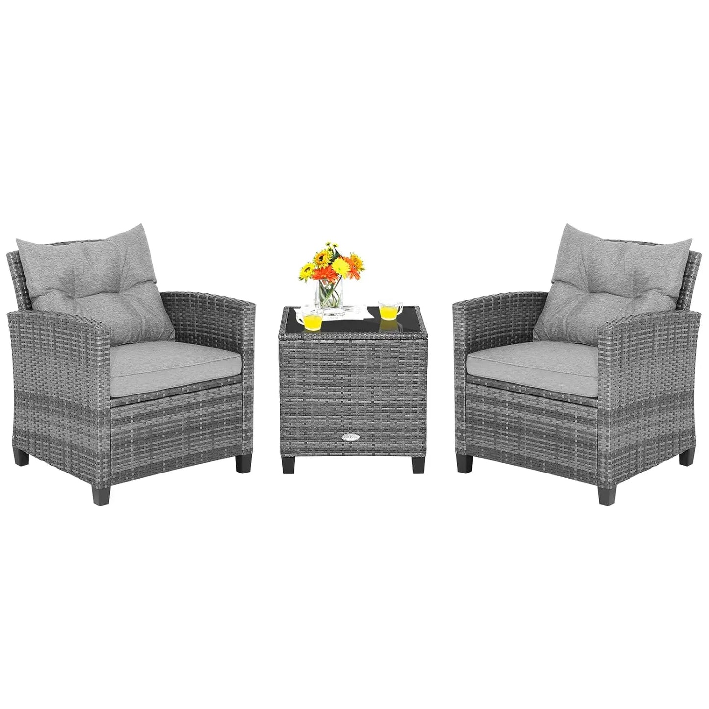 3 Pieces Patio Furniture Set, Outdoor Rattan Chair Set with Tempered Glass Side Table