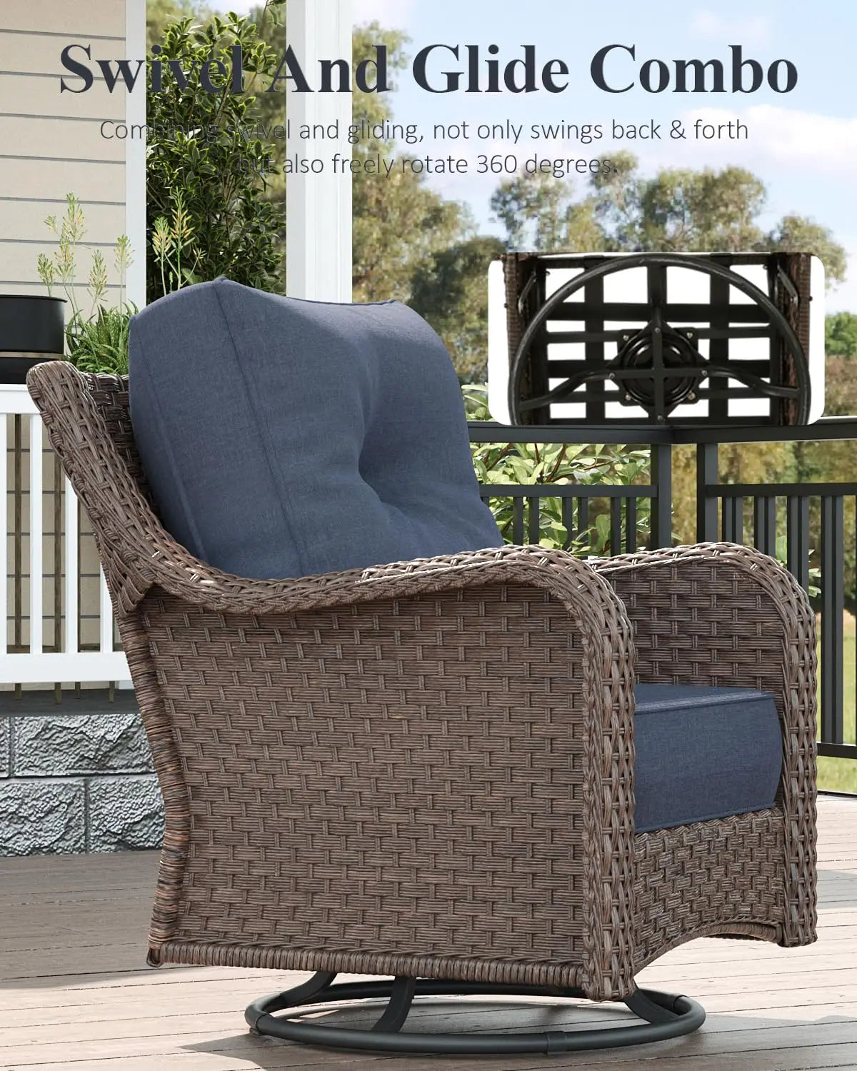 5‑Piece Patio Furniture Set – Wicker Swivel Rockers with High Backs, 6" Cushions & Fire Pit Table