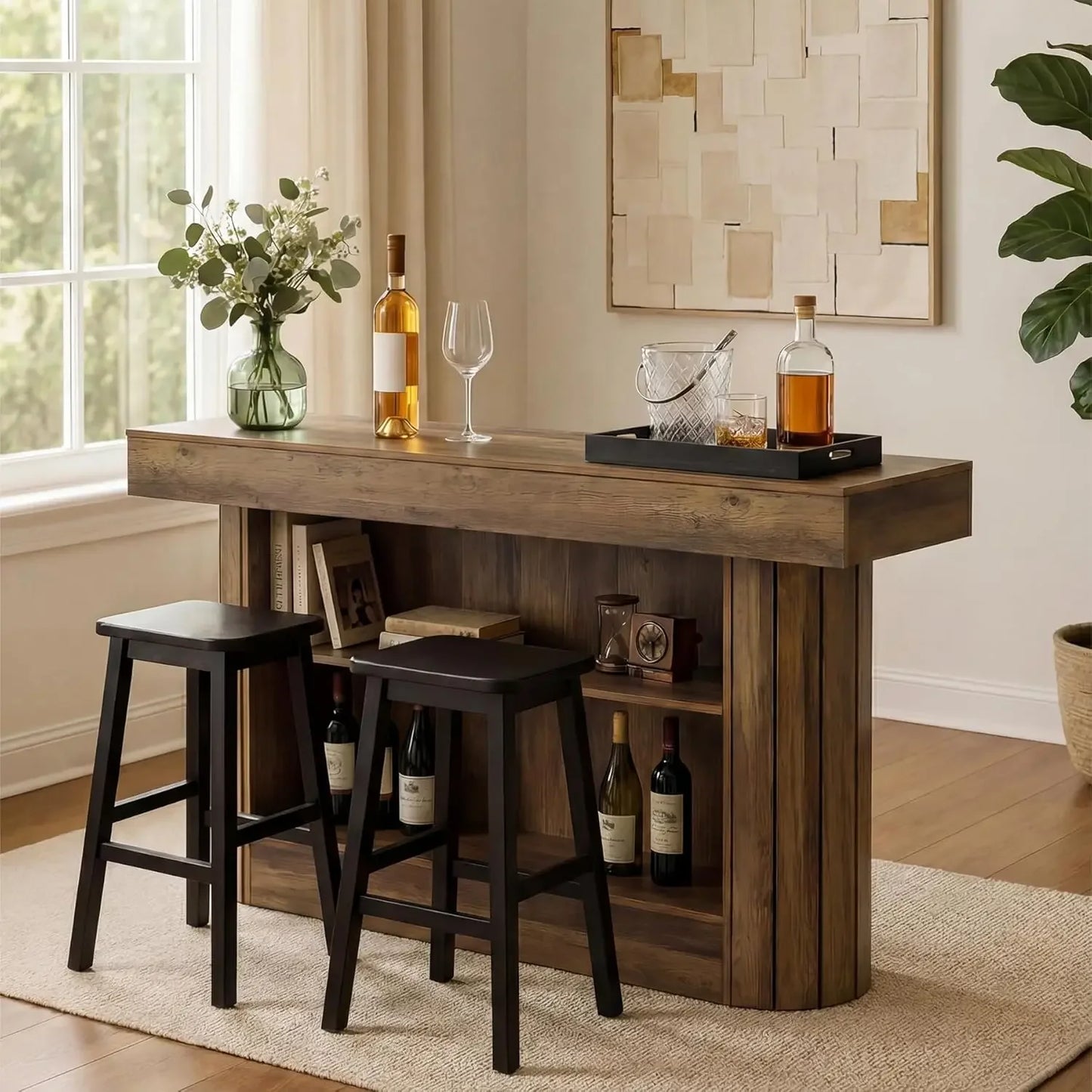 63-Inch, 3-Tier Wooden Home Bar Table with Metal Footrest